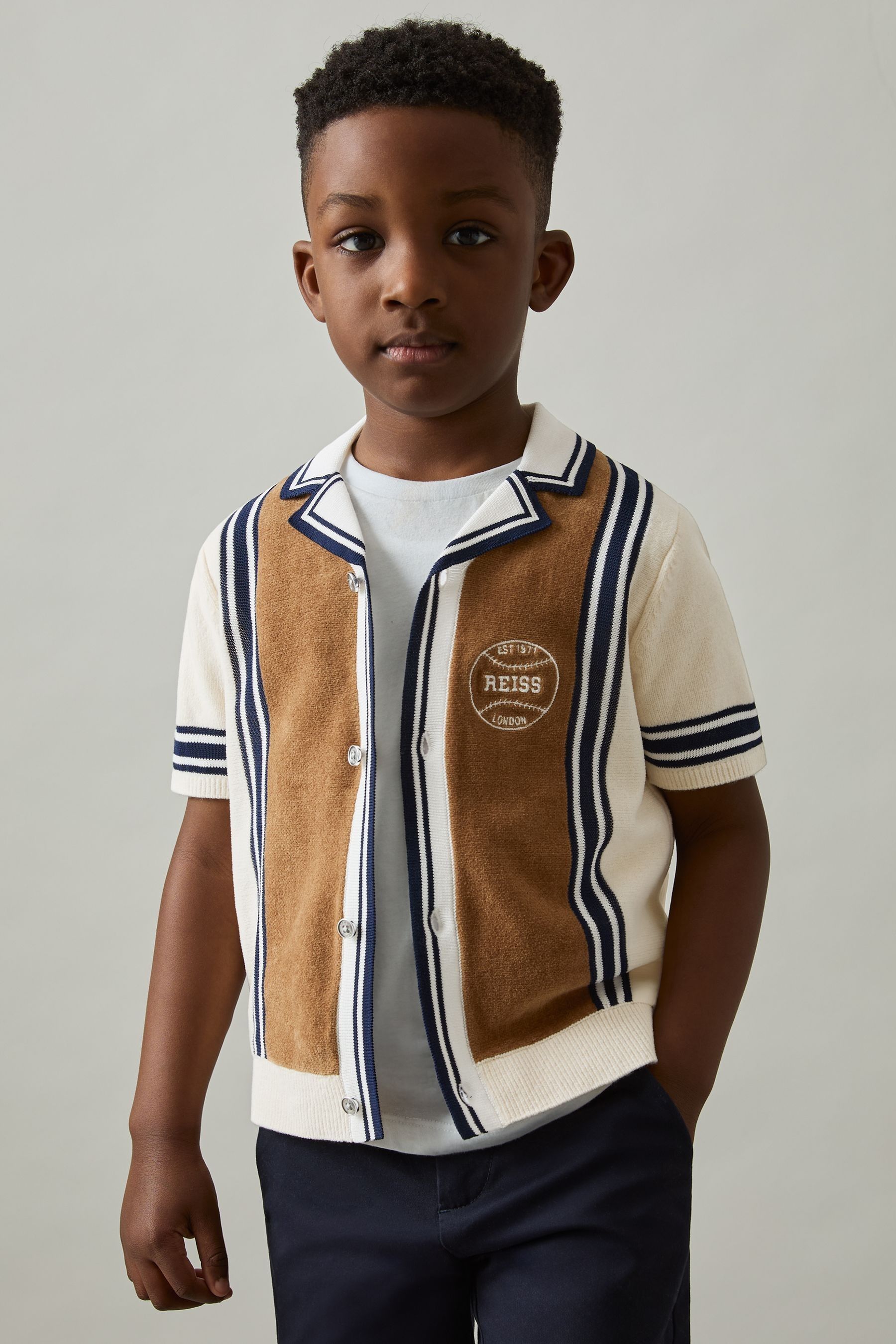 Reiss Tobacco Brown/ Off White 3-9 Yrs Cotton Colour-block Varsity Shirt In Tobacco Brown/ Off White