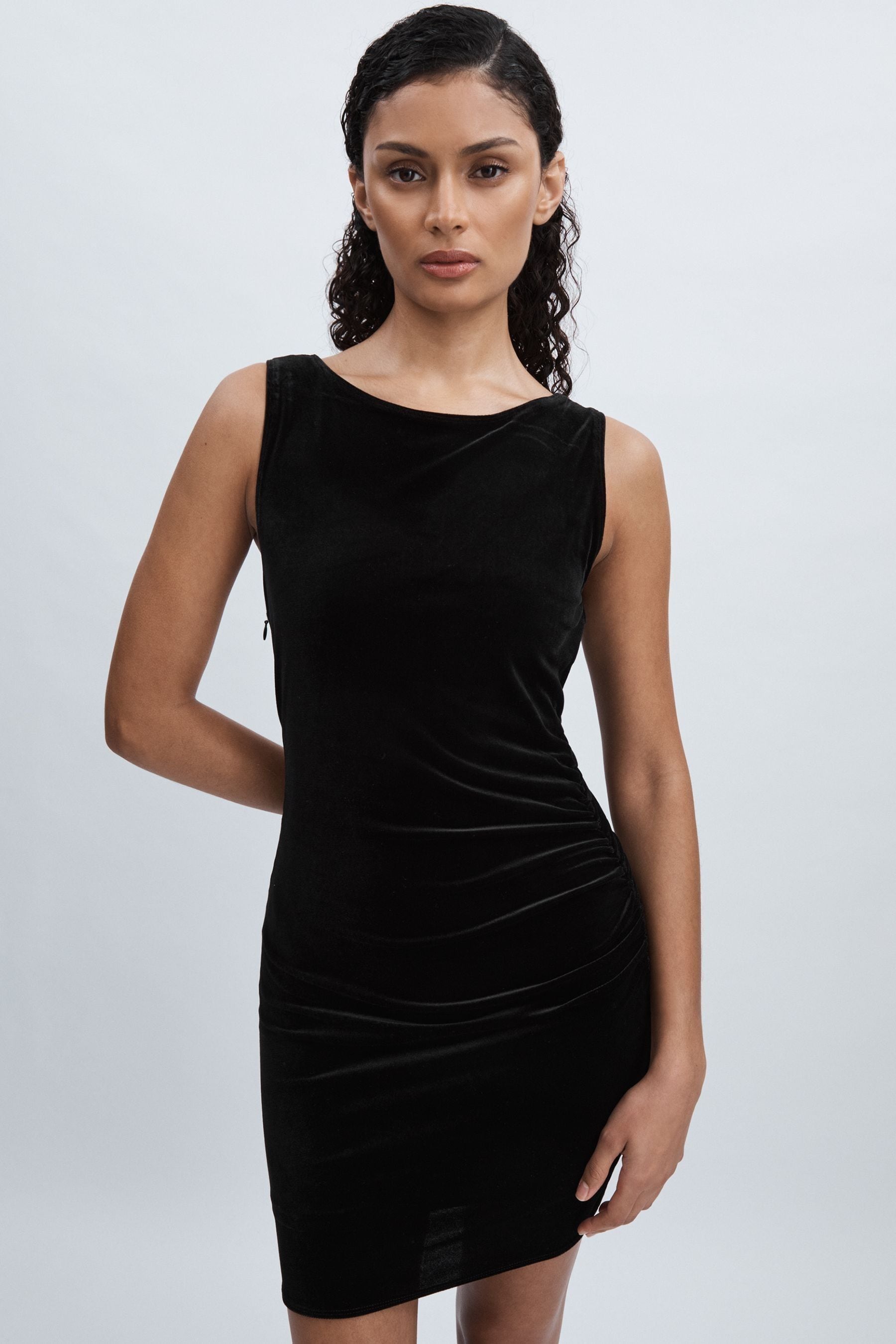 Good American Black Velvet Ruched Dress, M
