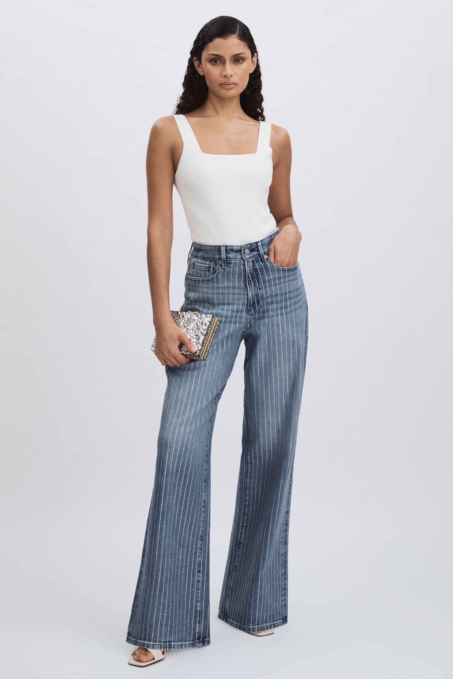 Good American Light Blue Crystal-stripe Relaxed Jeans, 26