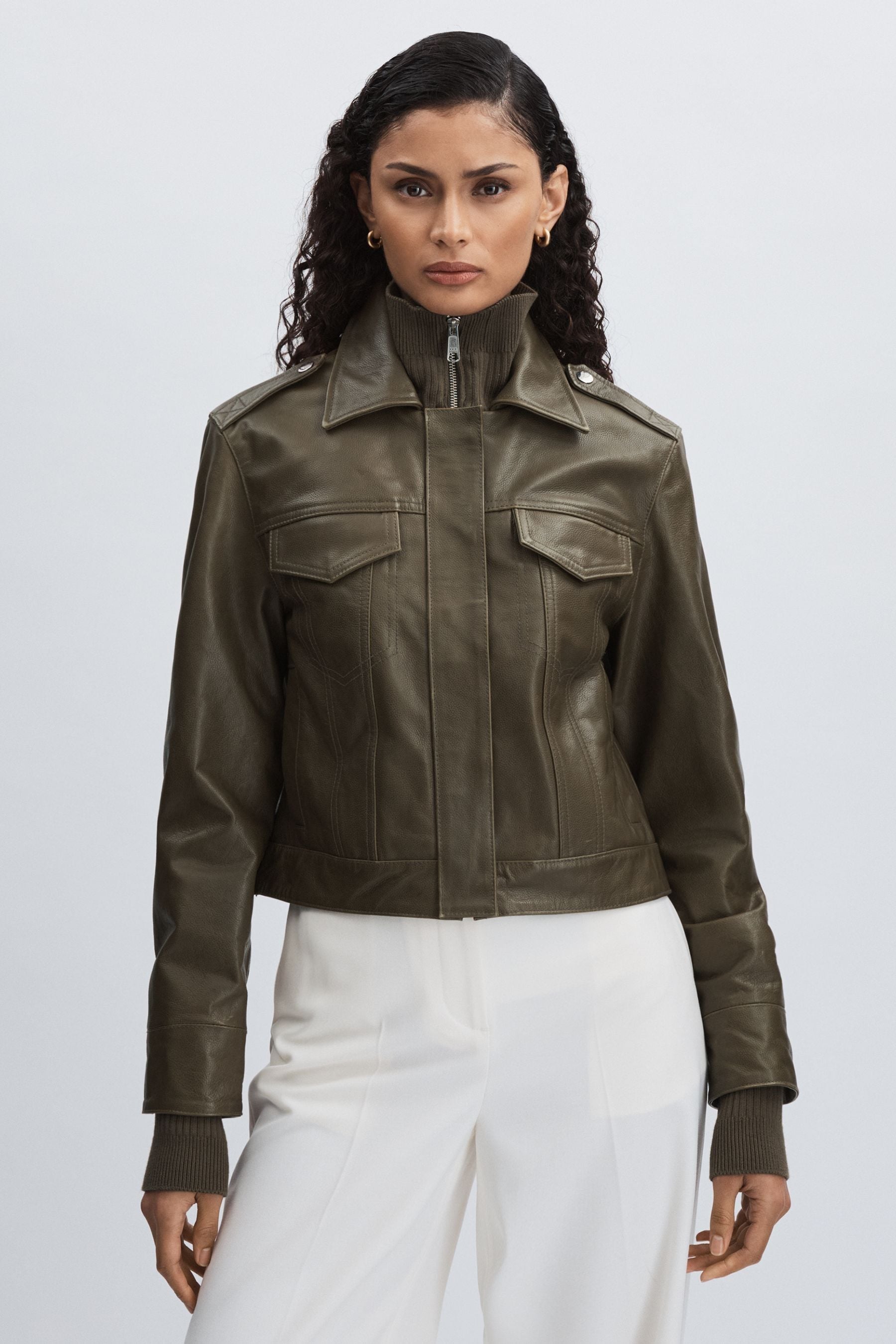 Paige Leather Cropped Bomber Jacket, Moss Green, S