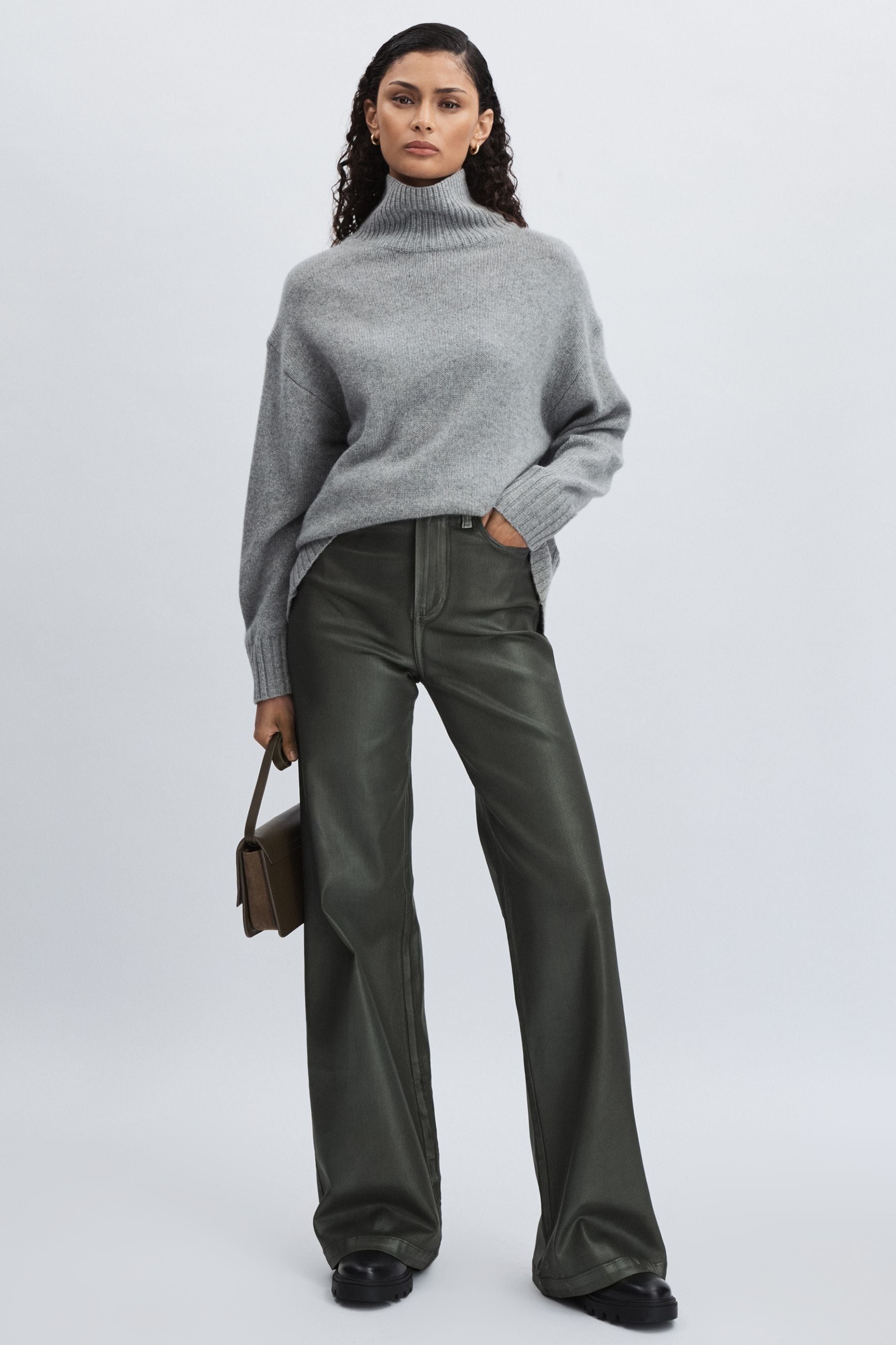 Paige Leather-Look Wide-Leg Jeans, Dark Green, 24