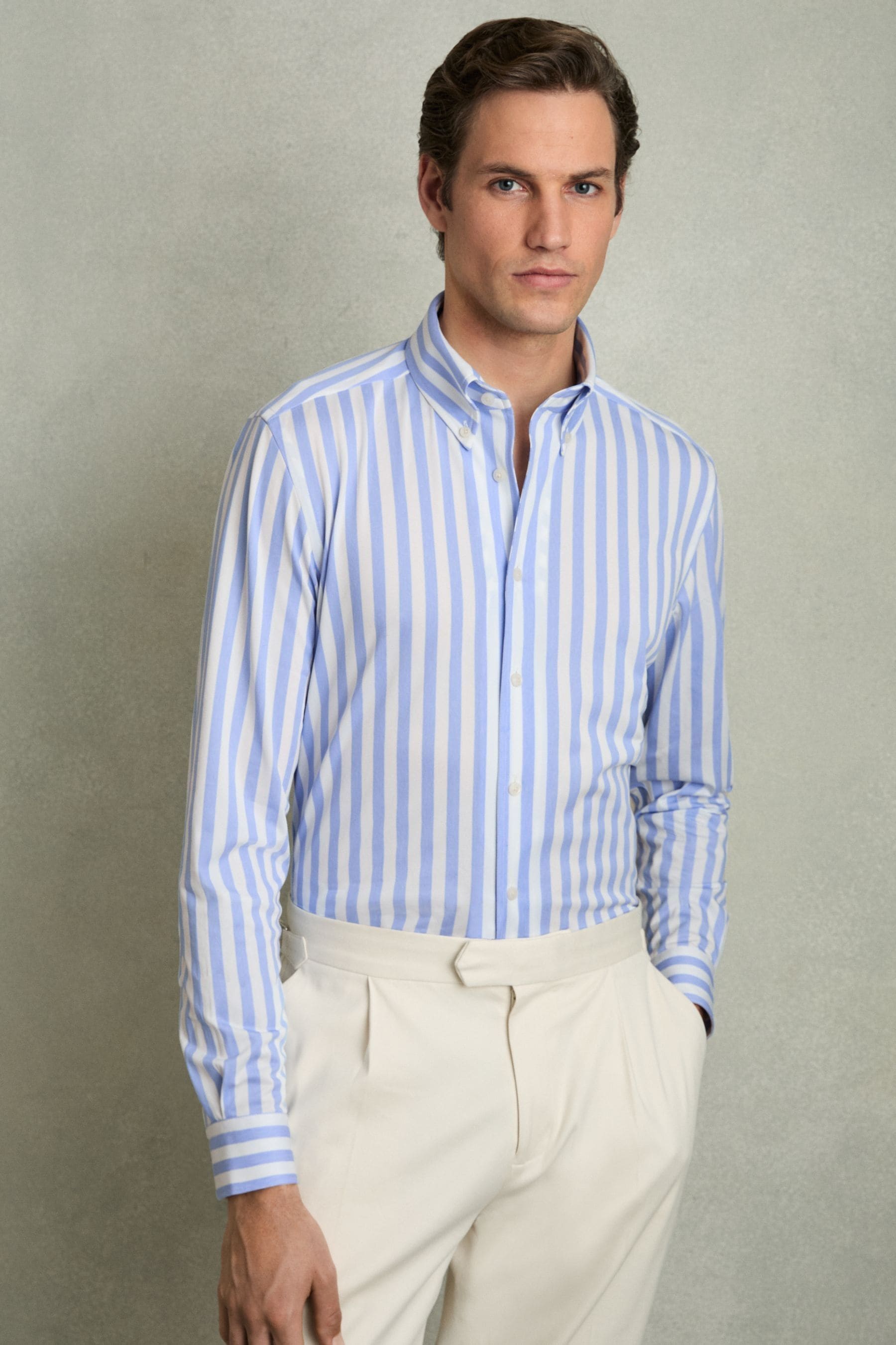 Reiss Pale Blue Stripe Striped Jersey Button-down Shirt With Cotton