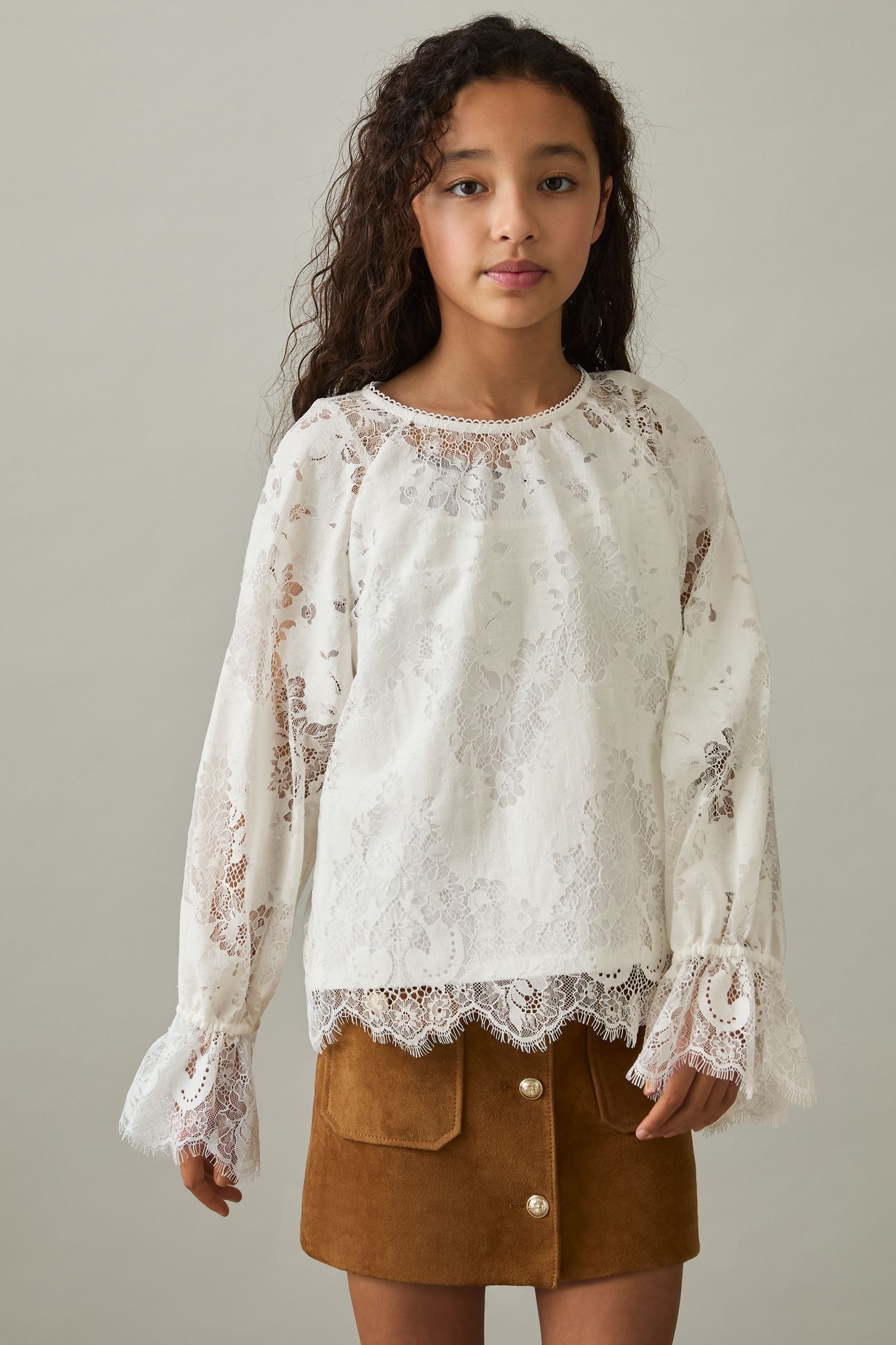 Reiss Kids' Ivory 4-9 Yrs Lace Long-sleeve Top