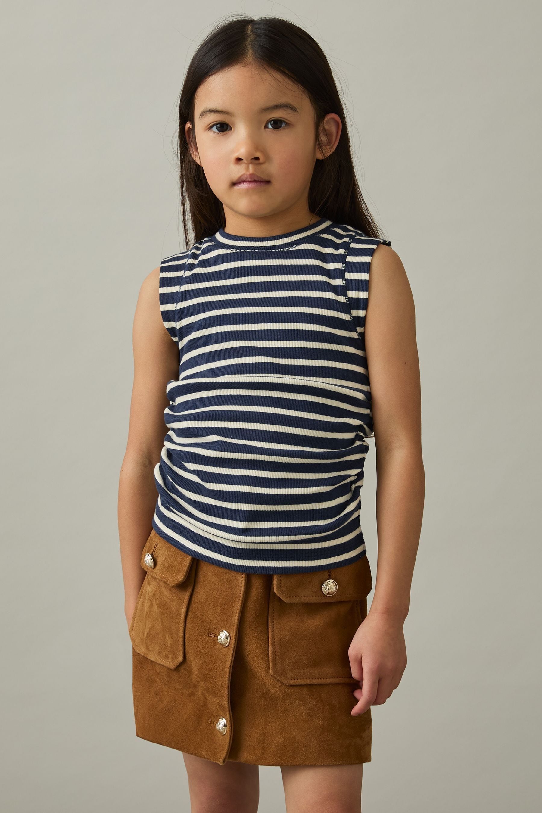 REISS NAVY/WHITE TRUDY RUCHED VEST TOP