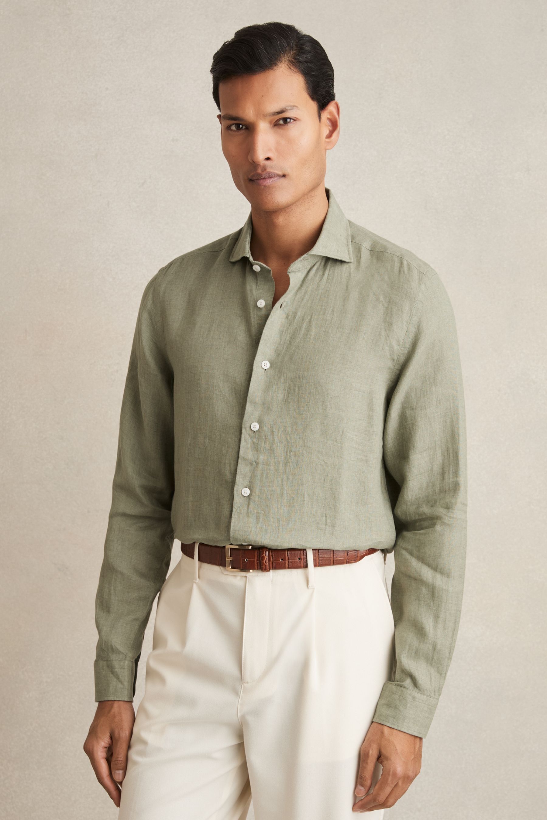Reiss Thyme Green Linen Button-through Shirt