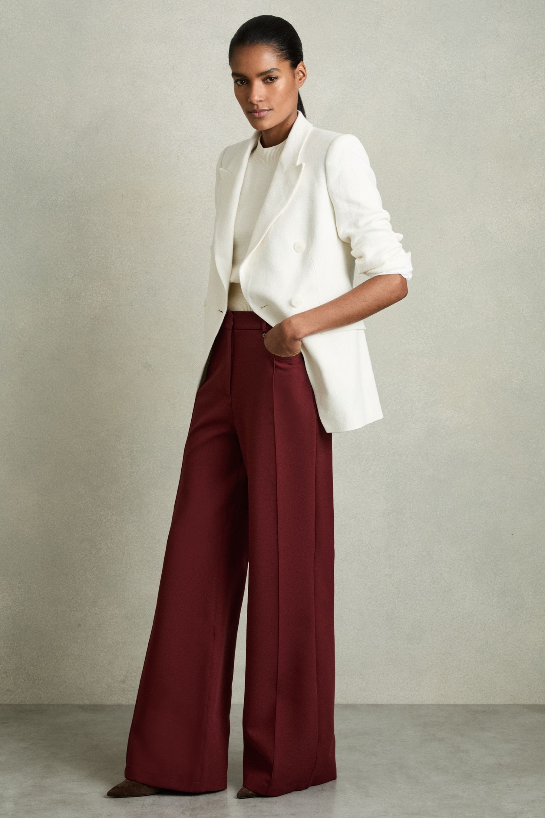 Reiss Dark Red Palazzo Tailored Trousers, 4R