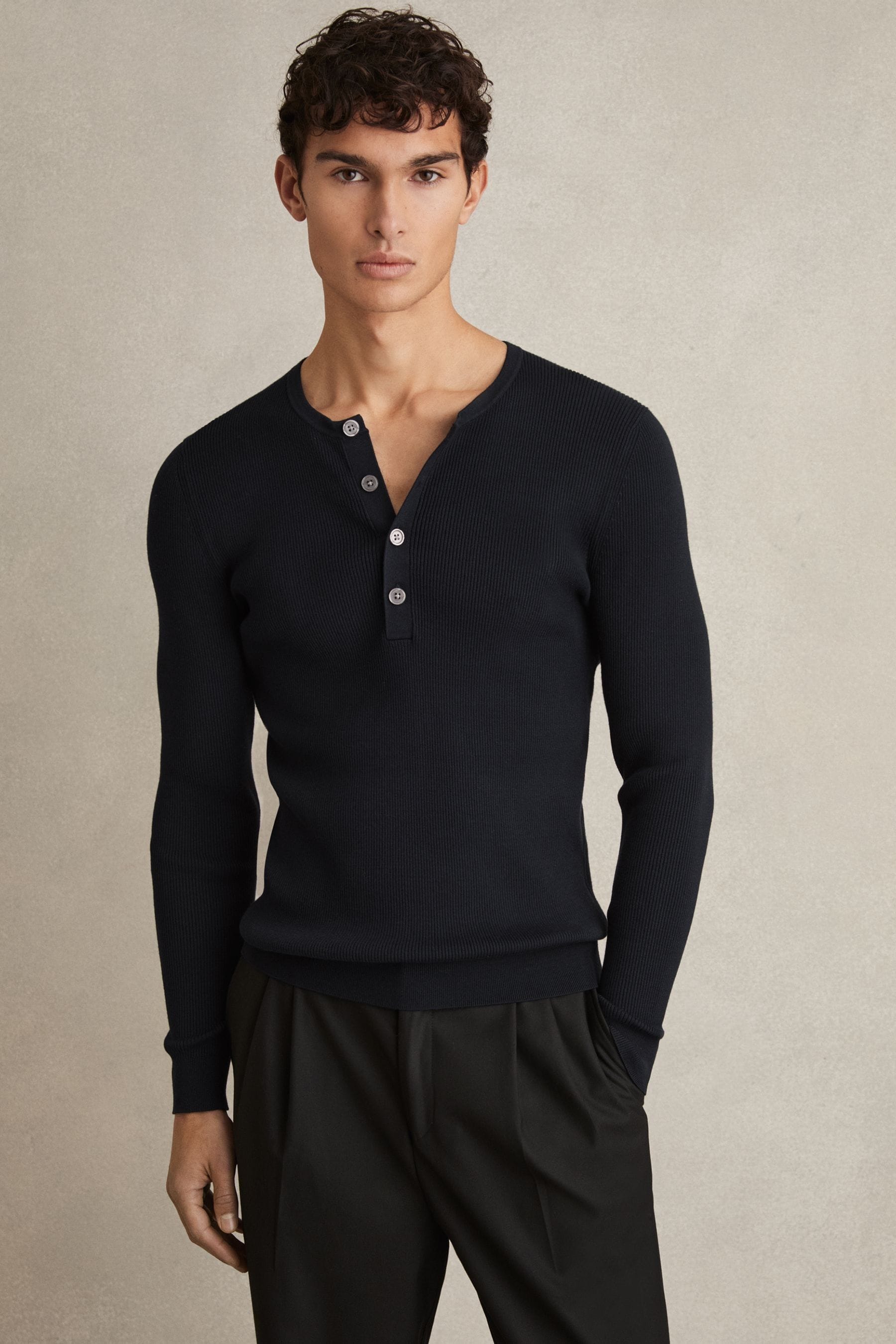 Reiss Navy Rib Knit Henley Jumper, L