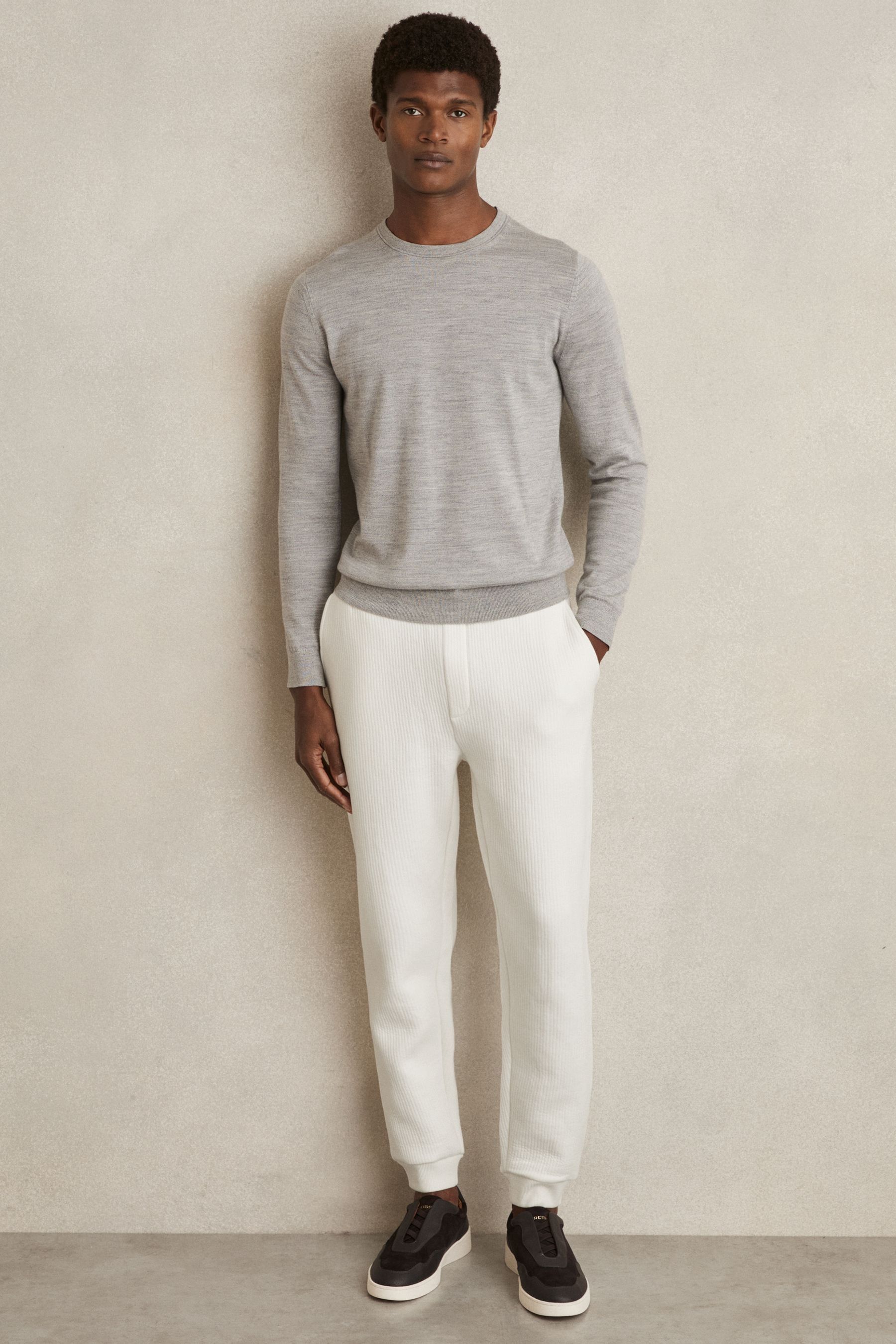 Reiss White Cotton-blend Ribbed Drawstring Joggers