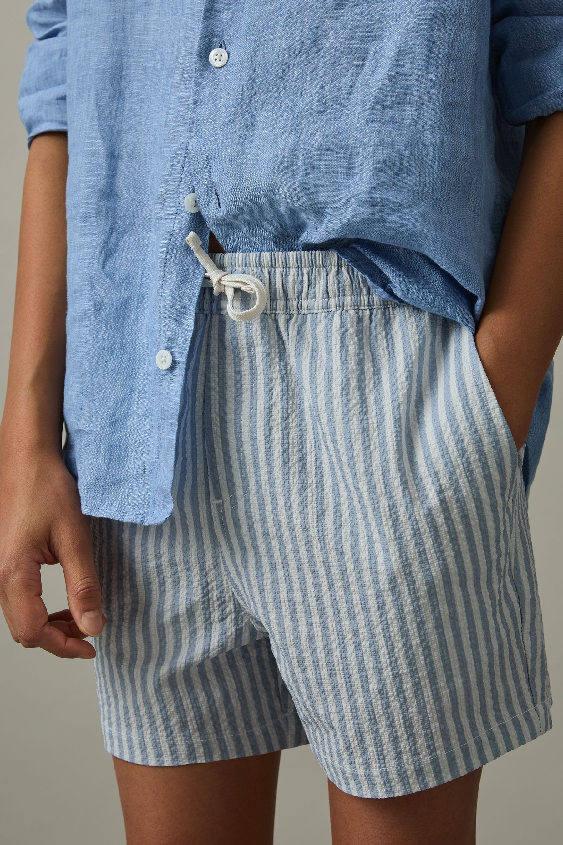 Reiss Soft Blue/white 3-9 Yrs Seersucker Striped Swim Shorts In Soft Blue/white