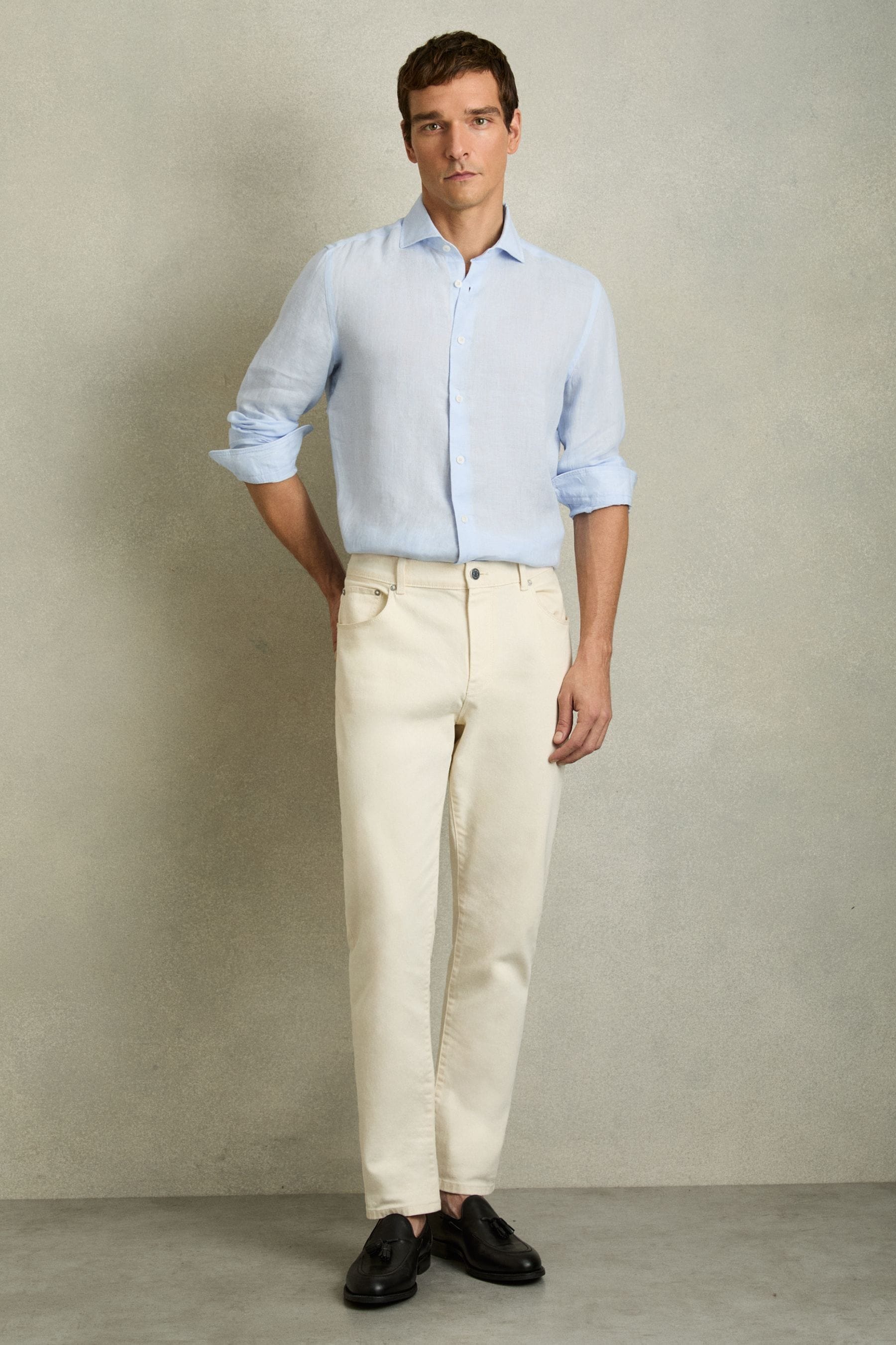 Reiss Pale Blue Linen Striped Cutaway-collar Shirt