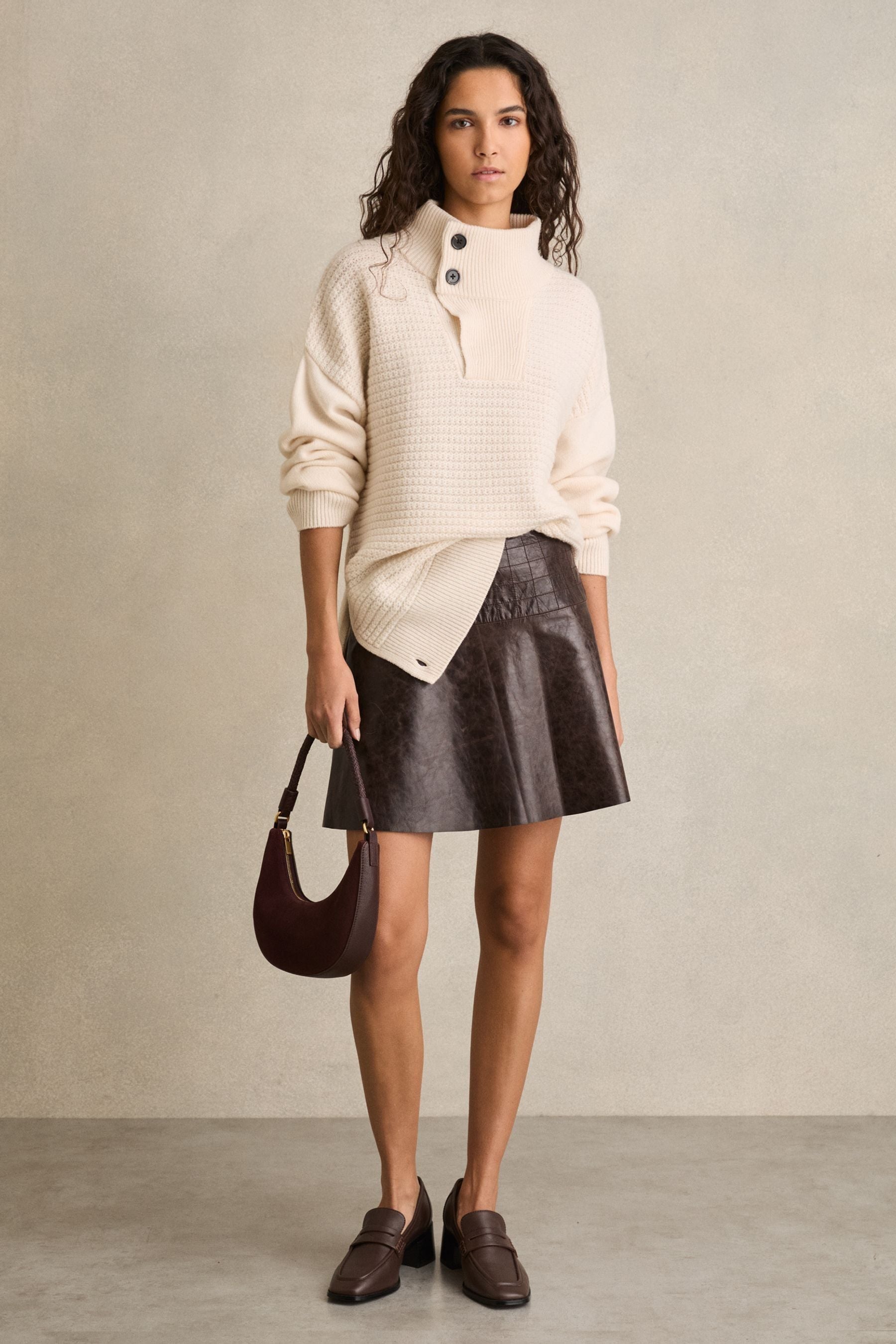 Reiss Chocolate Leather Flared Mini Skirt, 18