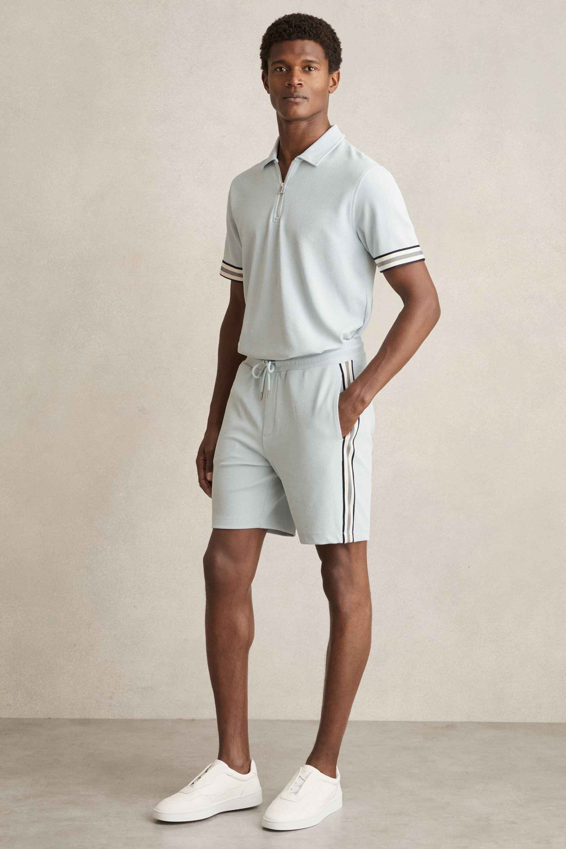 REISS ICE BLUE TEXTURED TAPE DRAWSTRING SHORTS