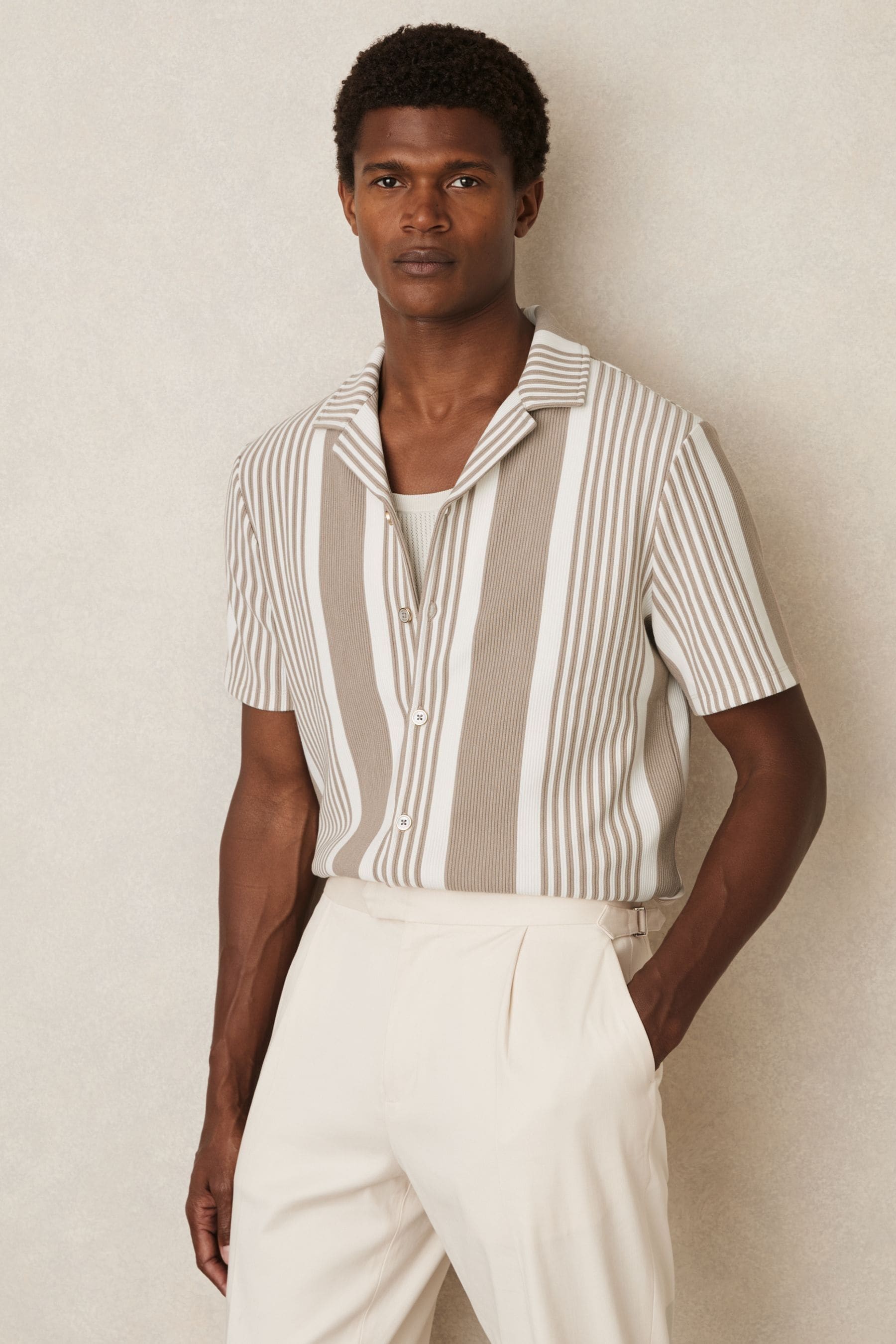 Reiss Oatmeal/white Stripe Ribbed Cuban Collar Shirt