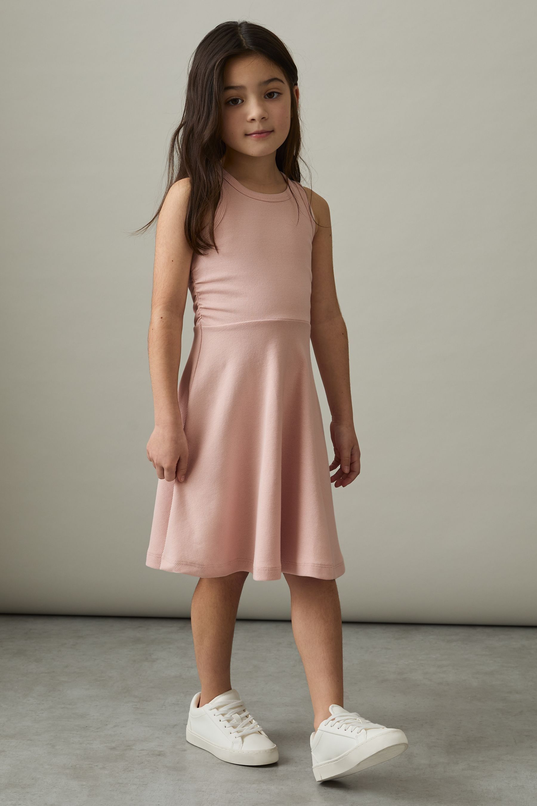 REISS PINK ELIZA JERSEY RUCHED SKATER DRESS 
