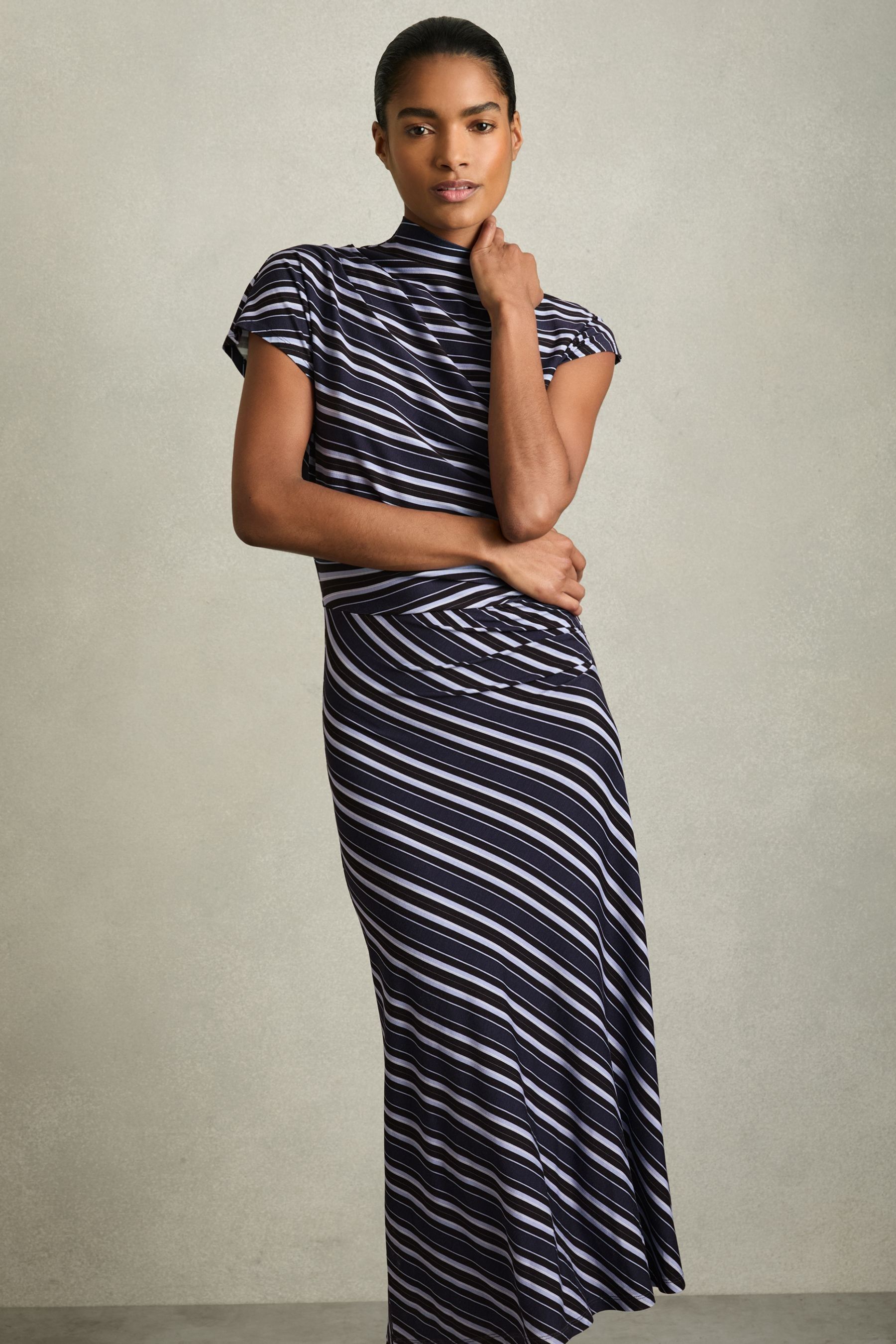 Reiss Blue Dillon Petite Stripe-print Draped Midi Dress In Blue