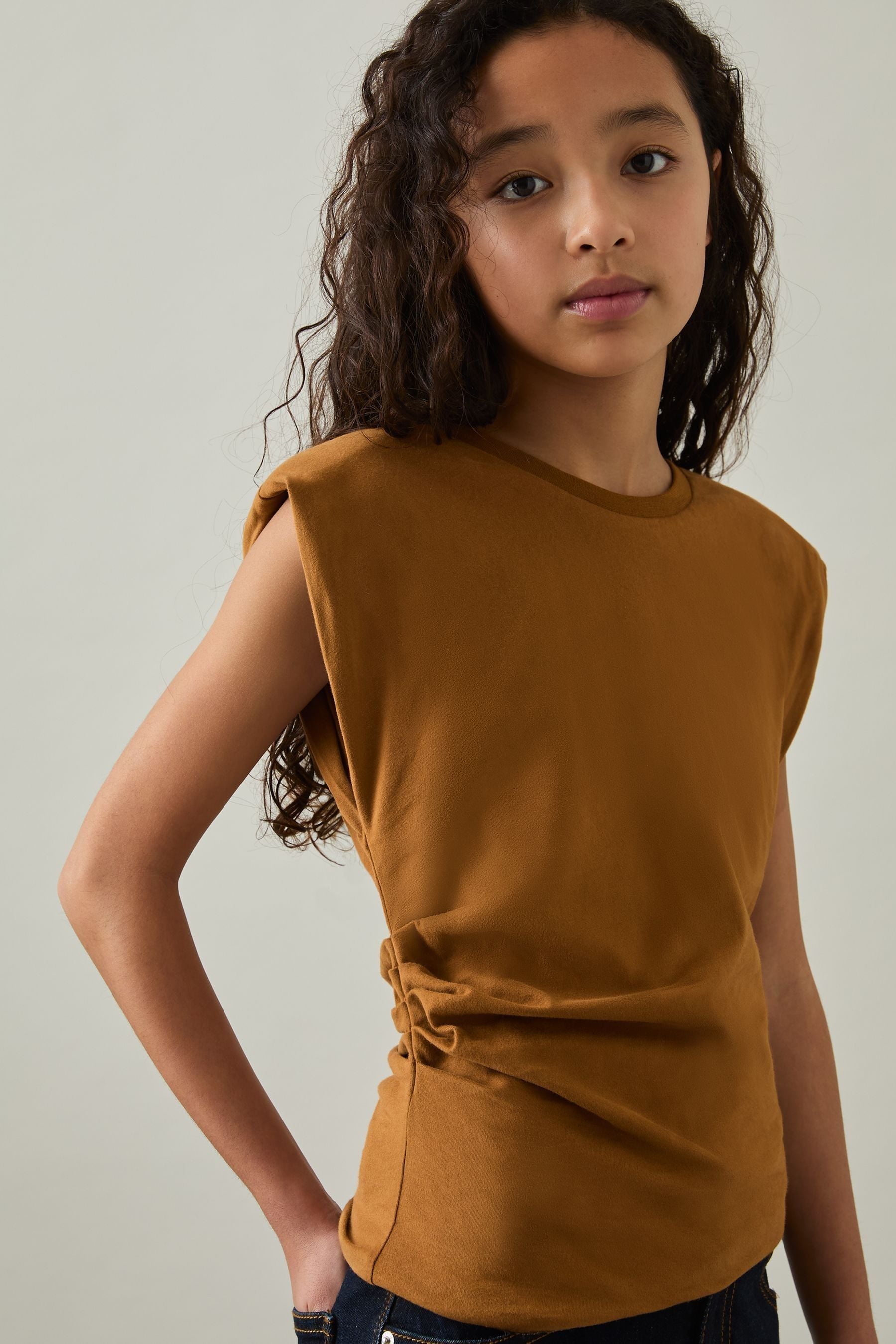 REISS TAN SADIE 9-13 YRS COTTON JERSEY CAP SLEEVE RUCHED TOP