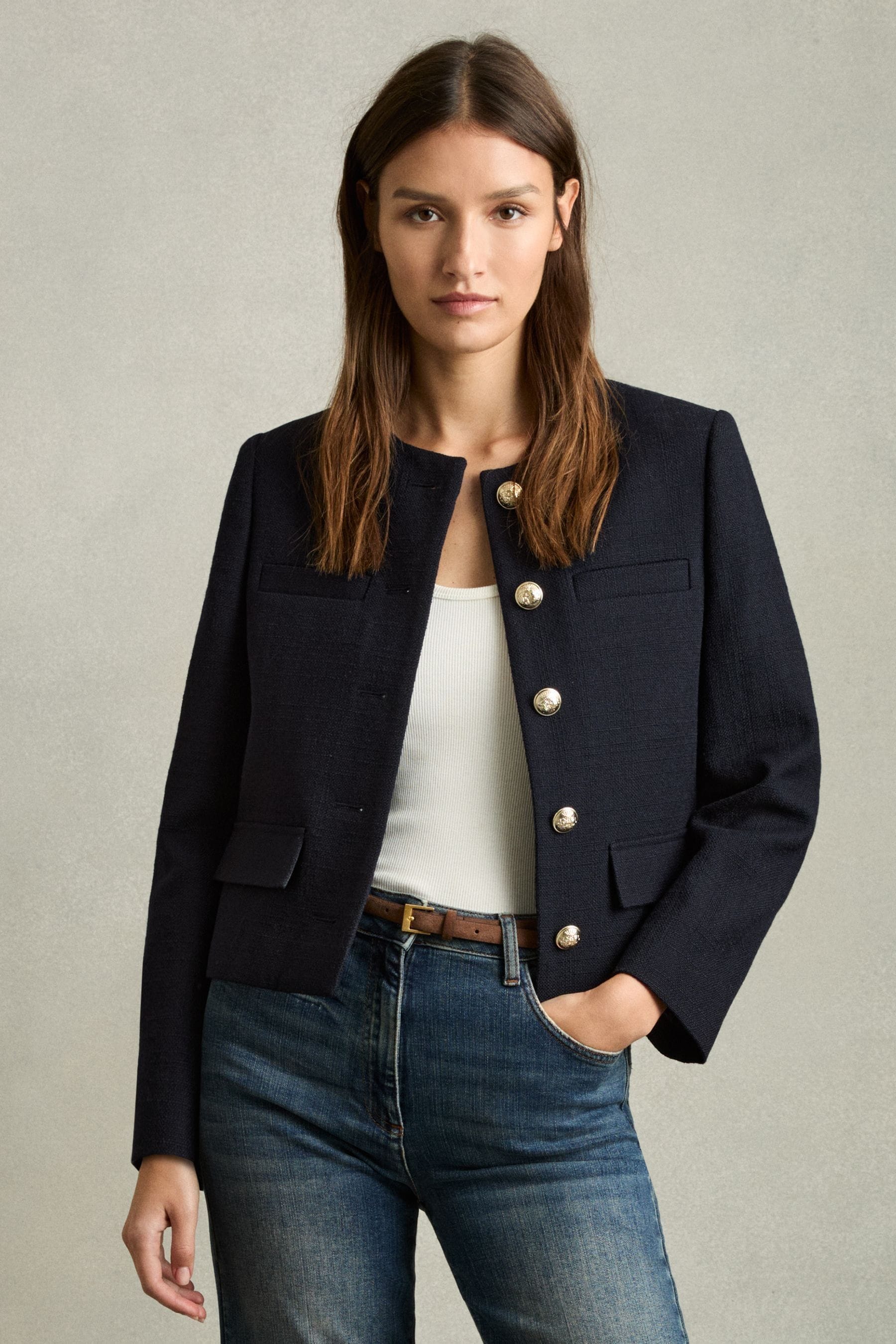 Reiss Navy Cropped Wool Single Breasted Jacket, 10