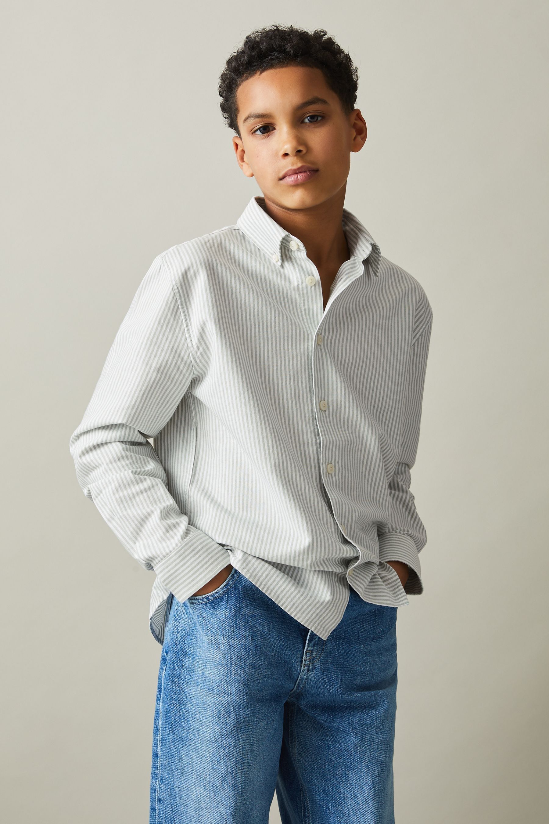 Reiss Green/offwhite Welby 9-13 Yrs Cotton Striped Oxford Shirt In Green/offwhite
