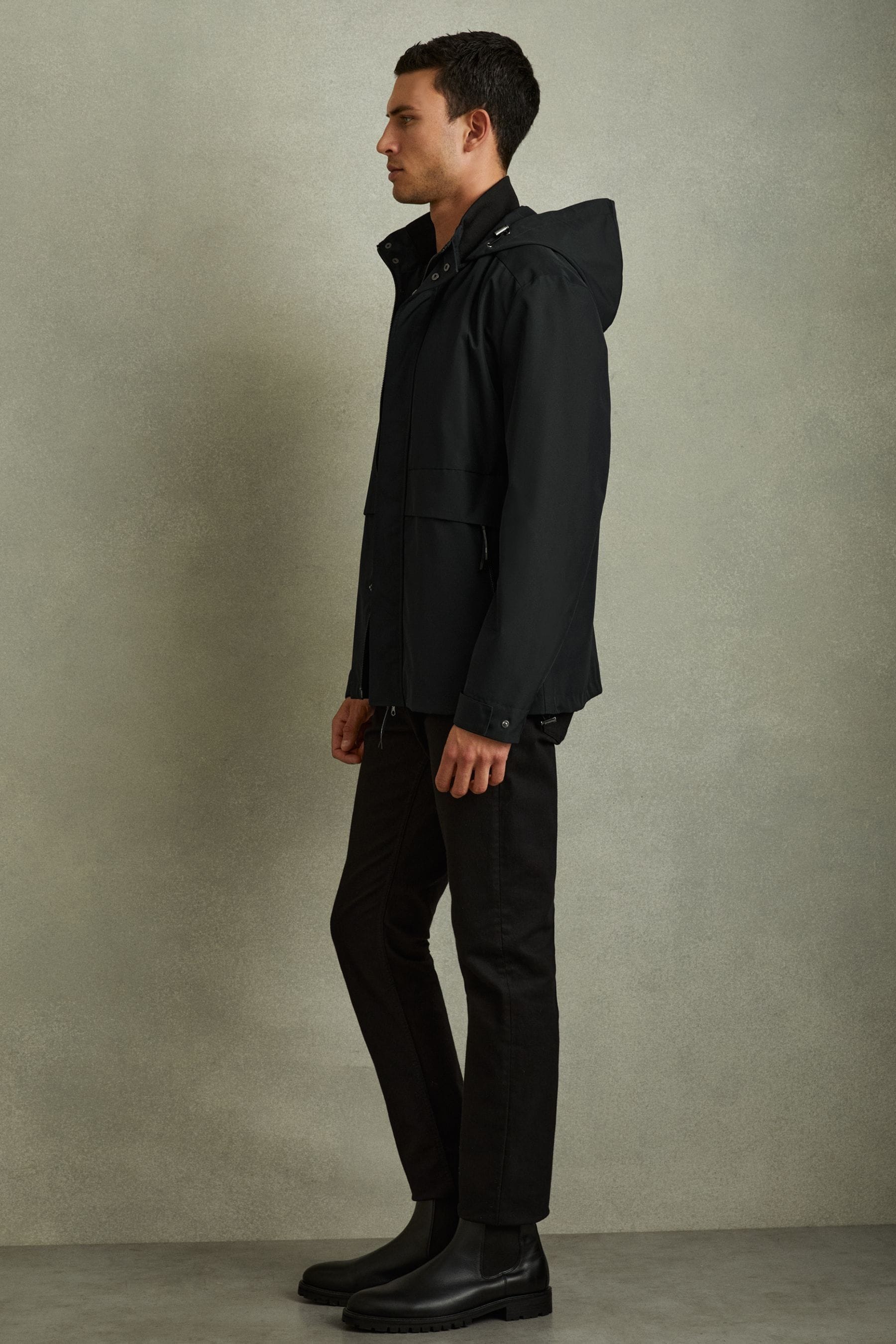 Reiss Navy Drawstring Hem Technical Hooded Jacket In Navy