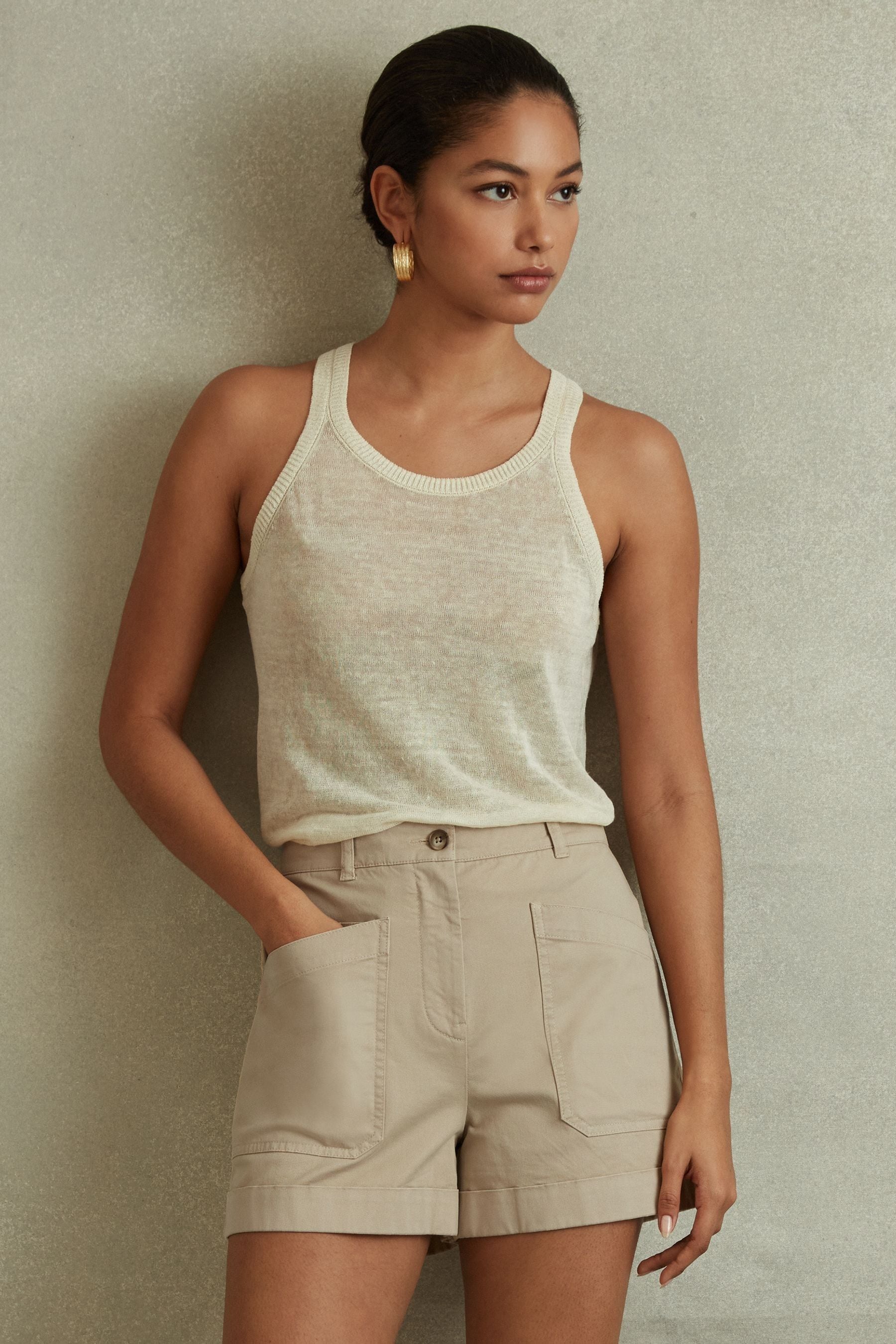 Reiss Neutral Cotton Blend Shorts With Turned-Up Hems, 6