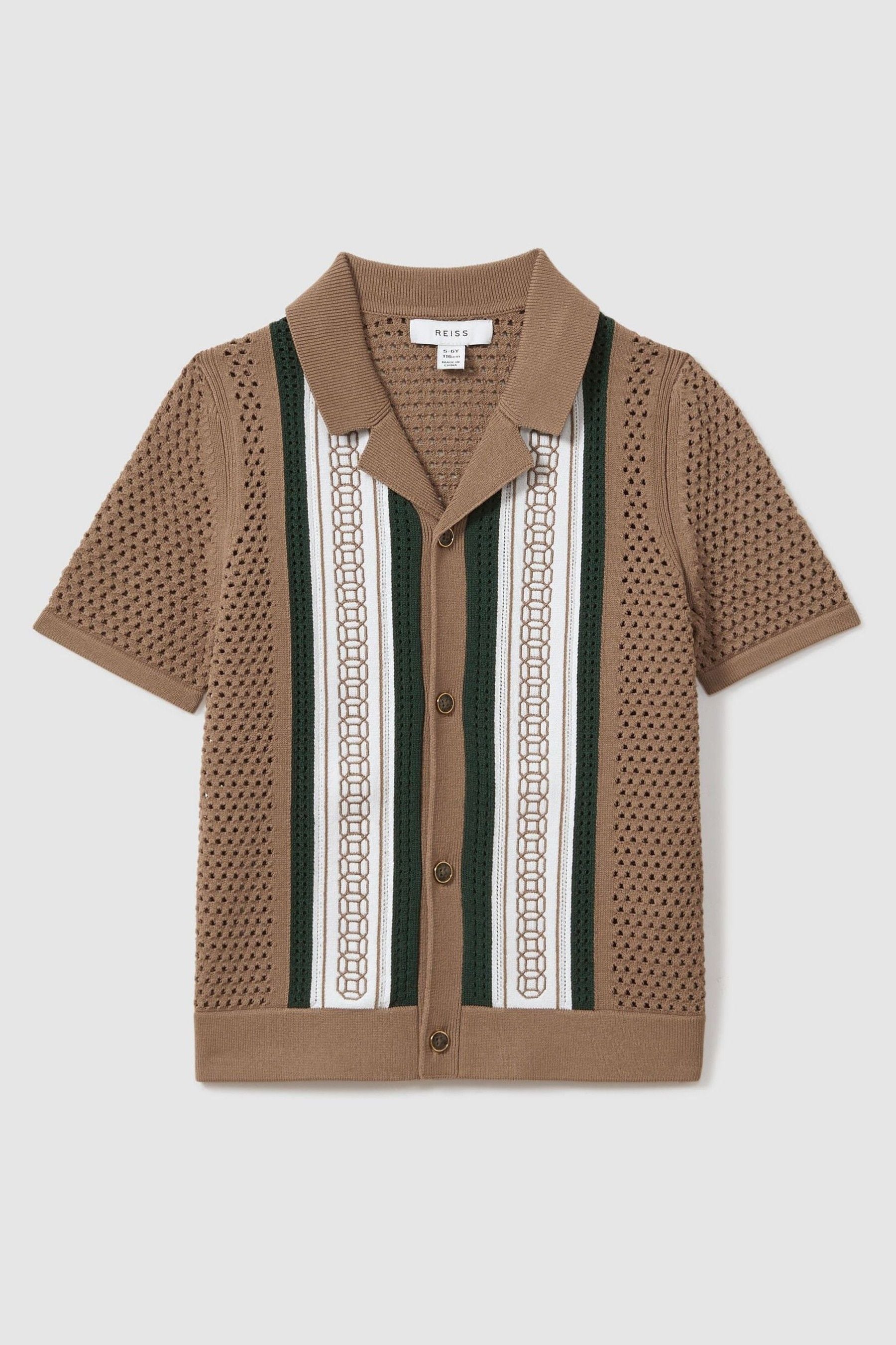 Shop Reiss Jensen - Camel/green Embroidered Cuban Collar Shirt, Uk 13-14 Yrs