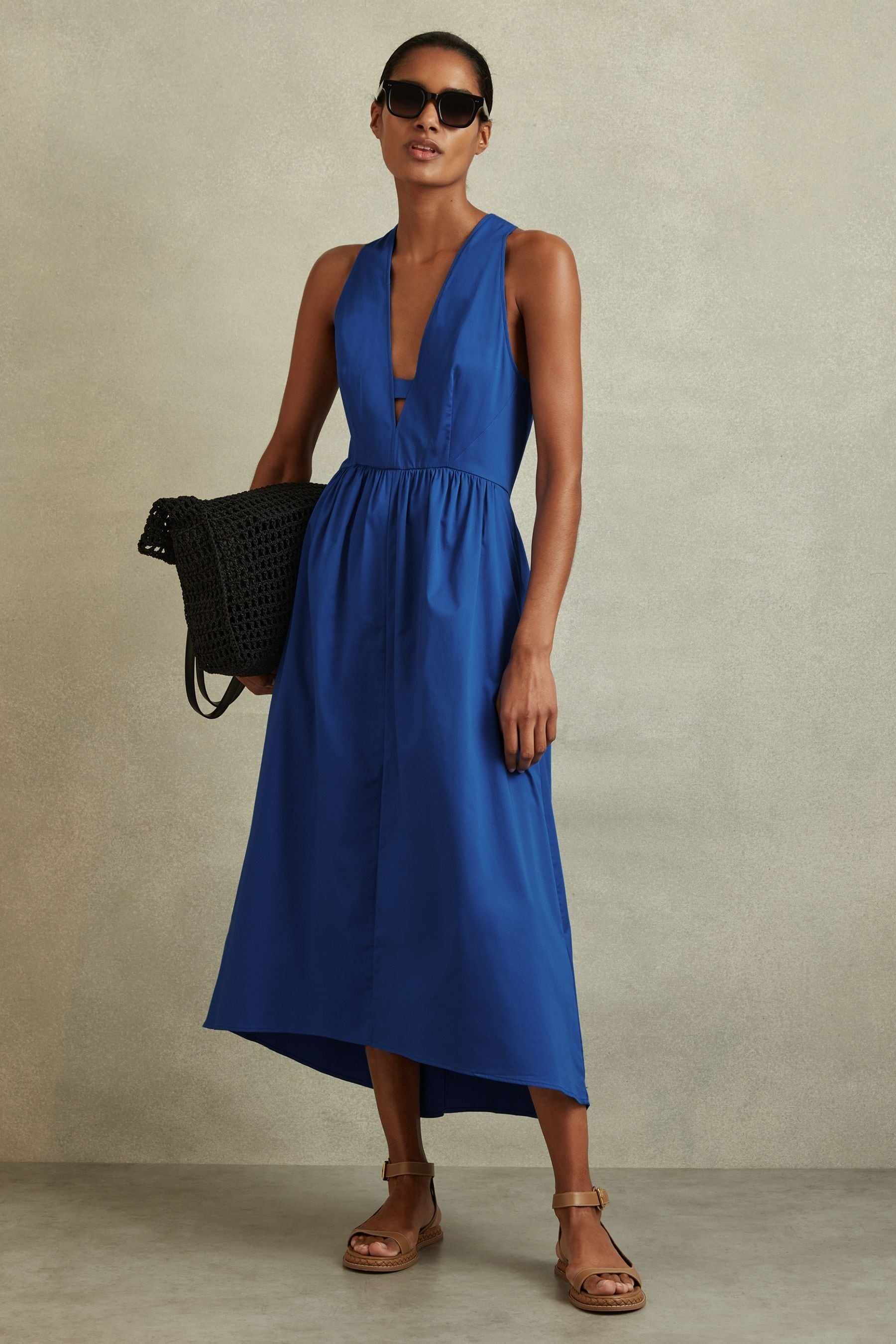 Shop Reiss Yana - Cobalt Blue Petite Cotton Blend High-low Midi Dress, Us 6
