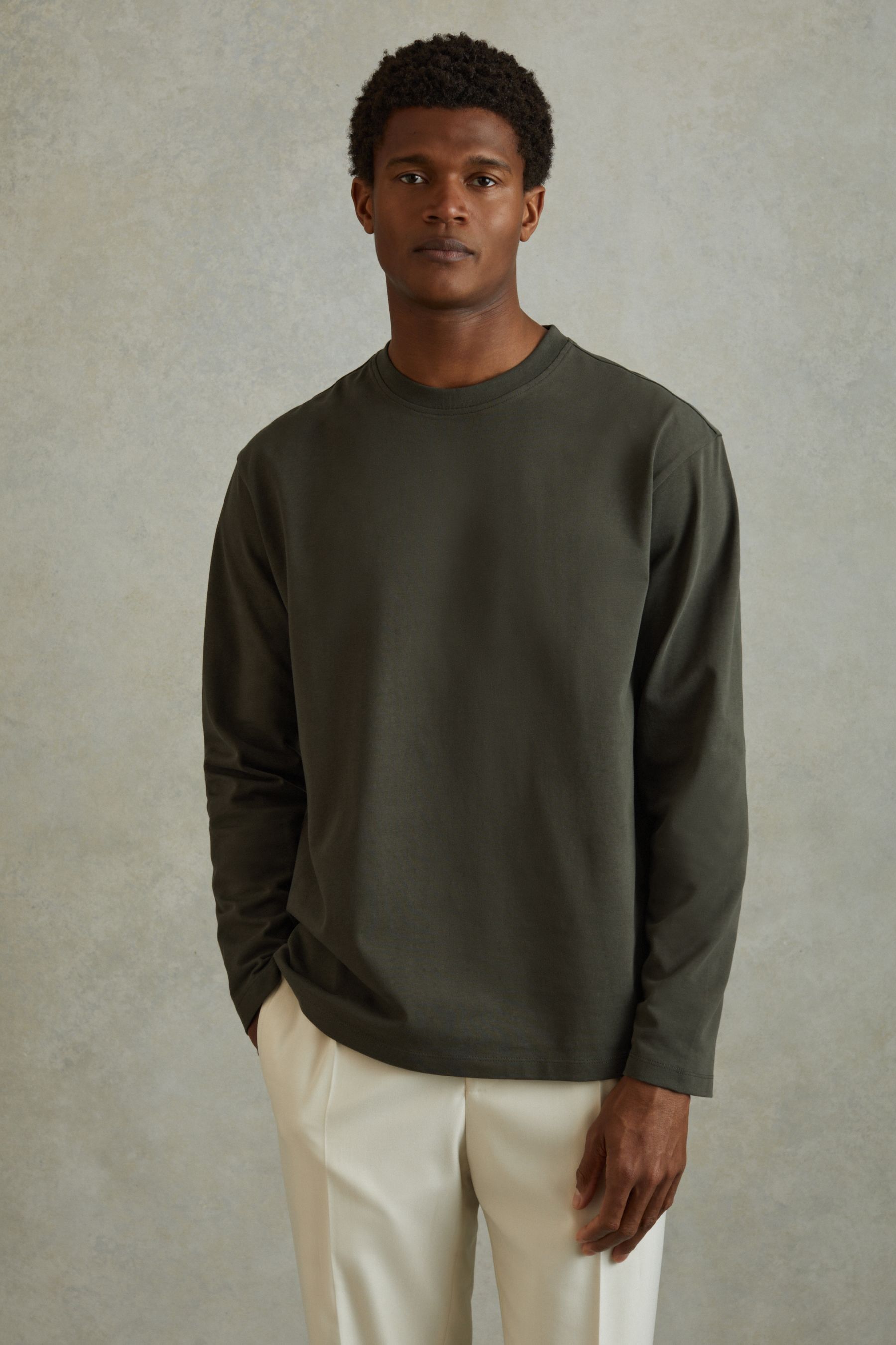 Reiss Khaki Cotton Crew Neck Long Sleeve T-shirt In Khaki