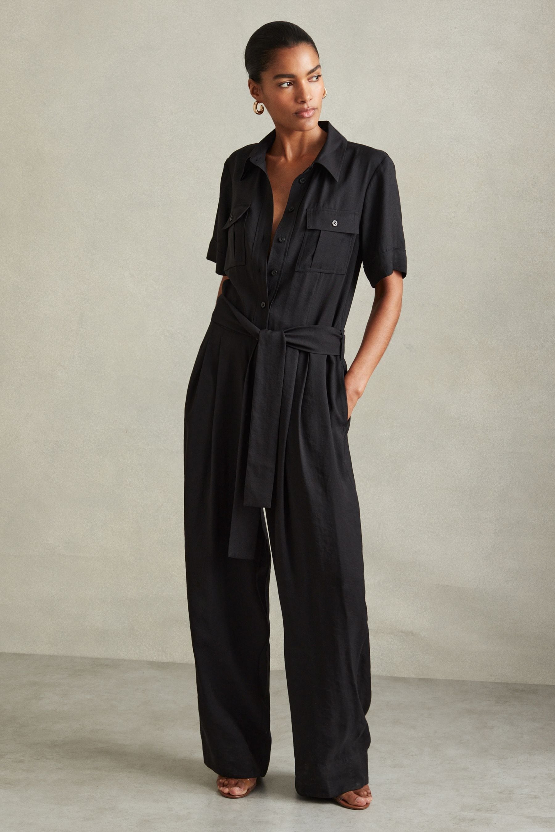 Reiss Black Belted Utility Wide Leg Jumpsuit, 12