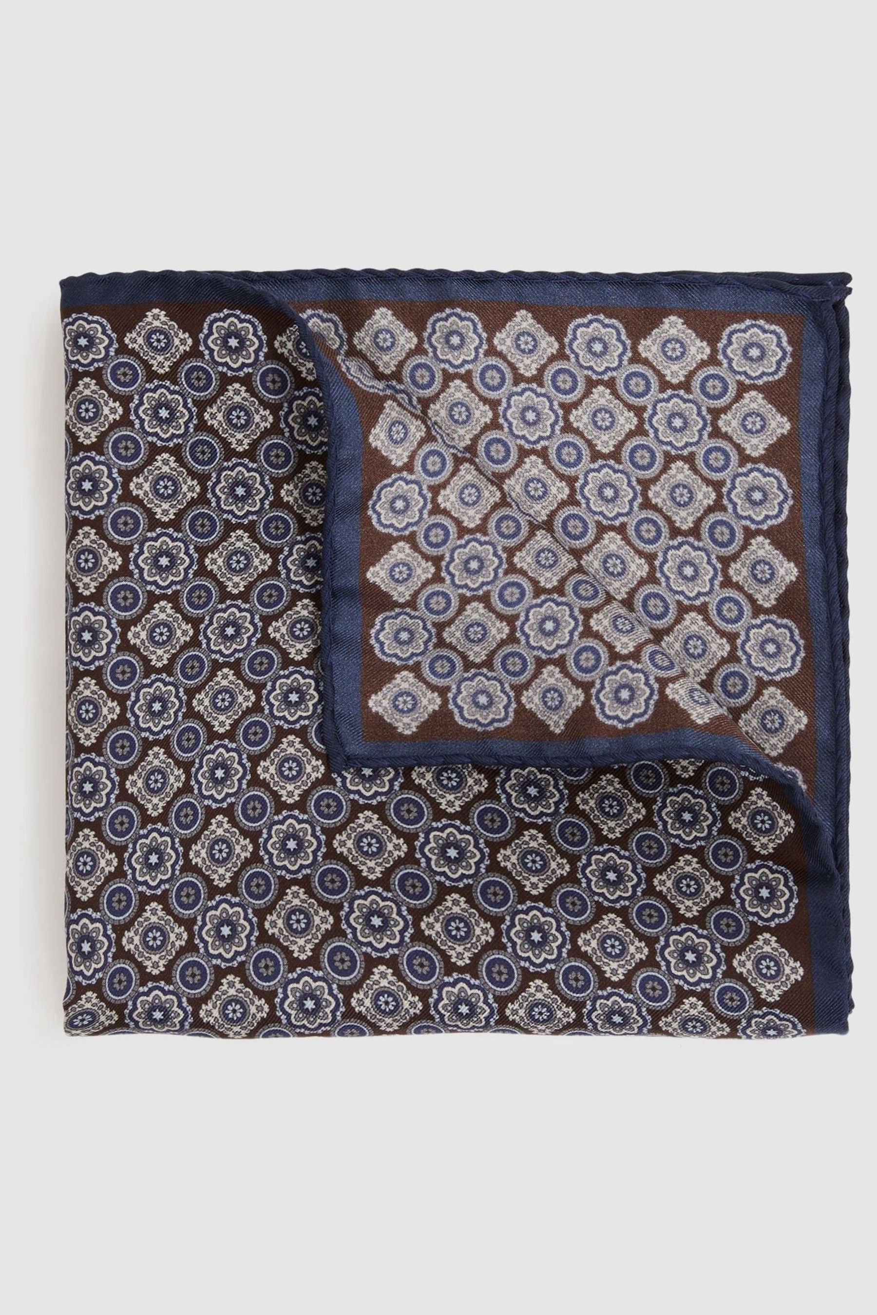 REISS NAVY/CHOCOLATE SALERNO SILK MEDALLION PRINT POCKET SQUARE