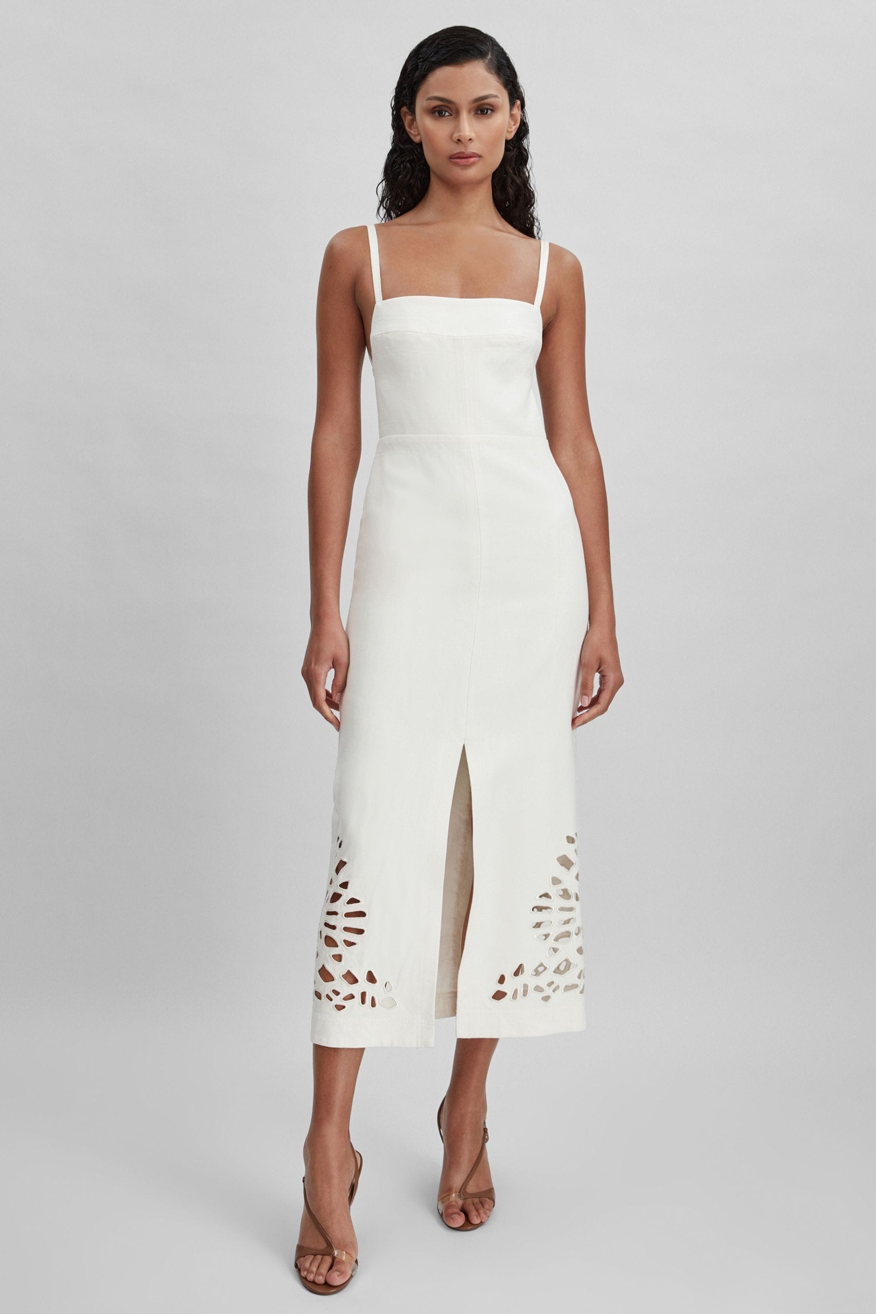 Shop Acler Linen Blend Cut-out Midi Dress In Ivory