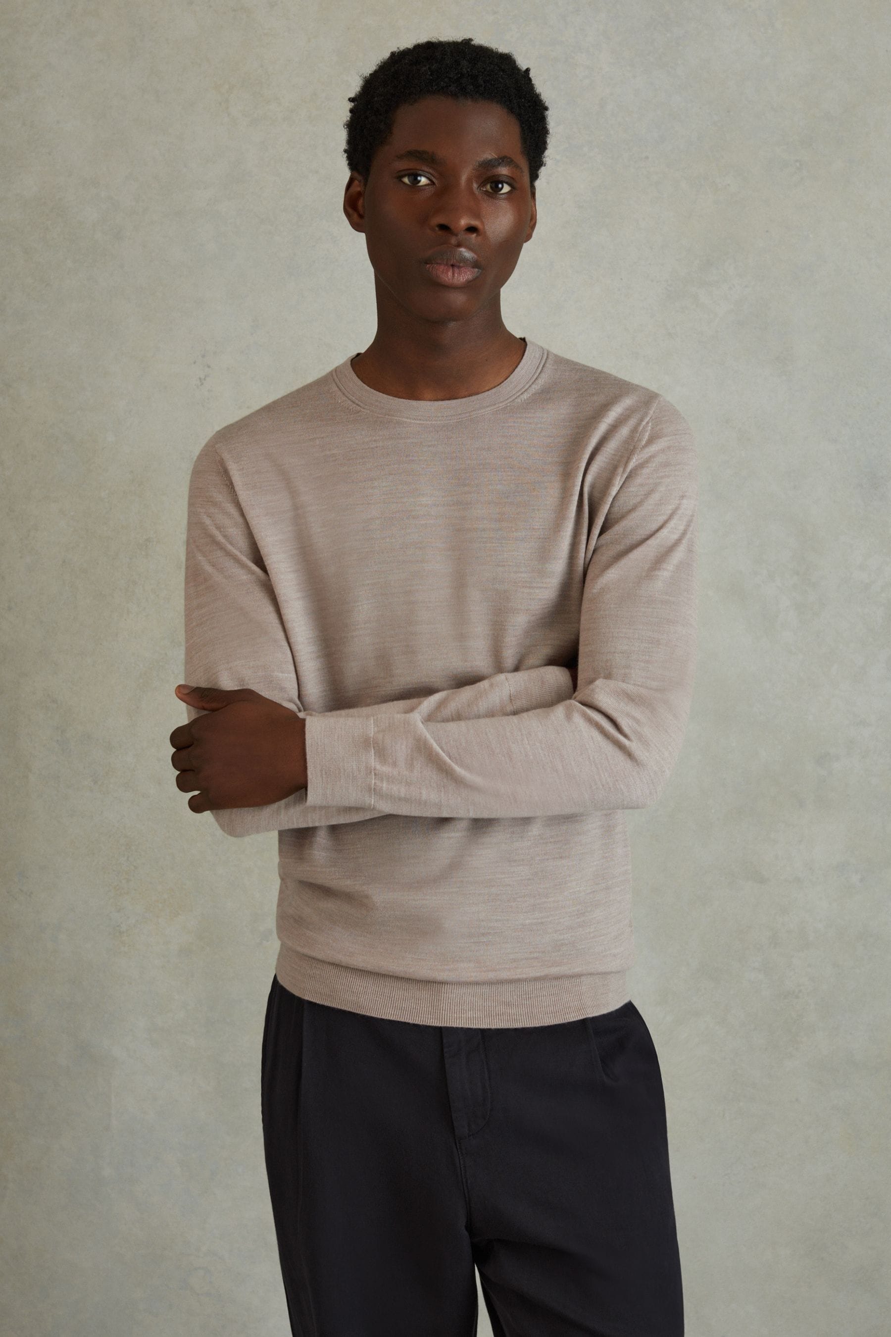 Reiss Wessex - Wheat Melange Merino Wool Crew Neck Jumper, L In Neutral