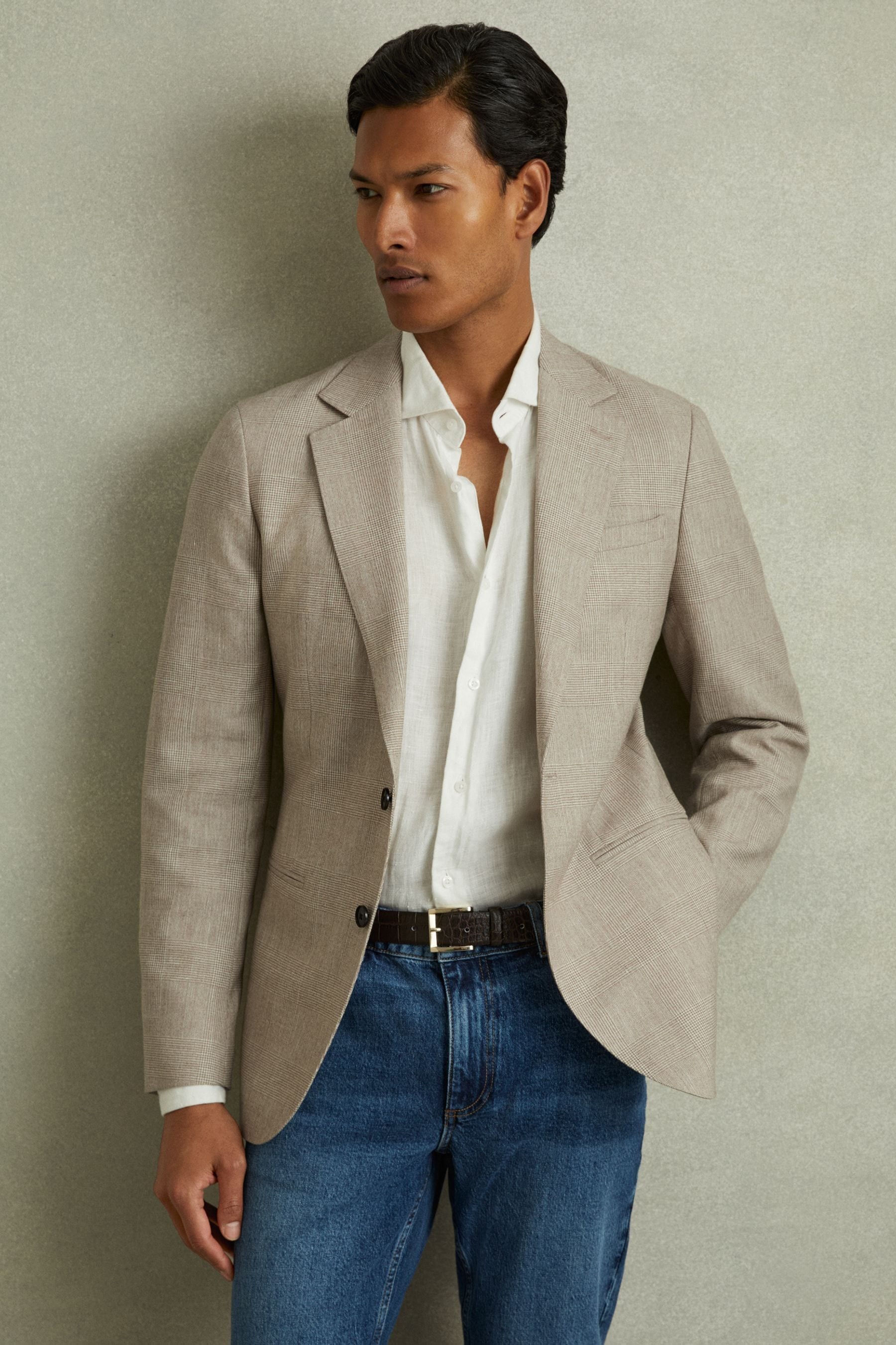 REISS OATMEAL ELLIOT WOOL-LINEN CHECKED SINGLE BREASTED MODERN FIT BLAZER