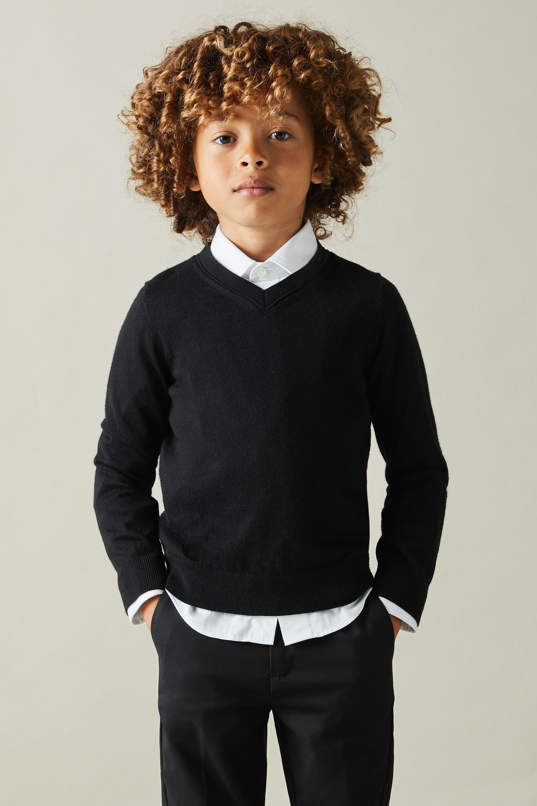 Reiss Black 3-9 Yrs Merino Wool V-neck Jumper In Black