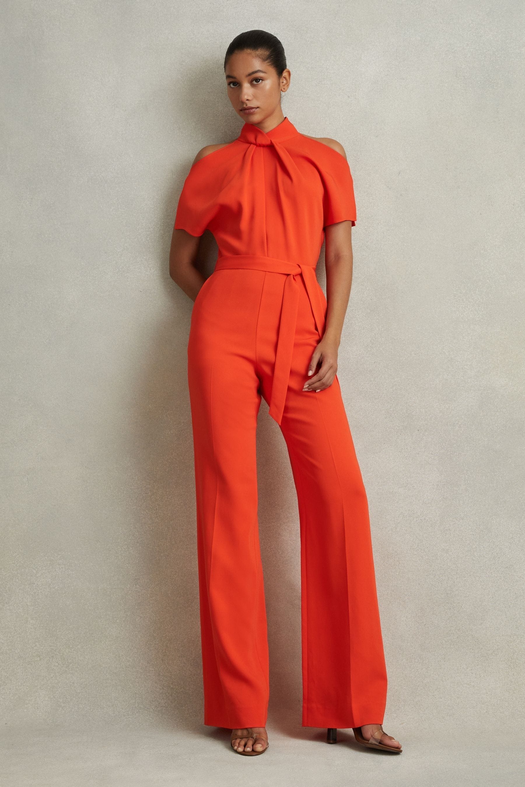 Reiss Amari - Orange Split Sleeve Twist Neck Jumpsuit, Us 0