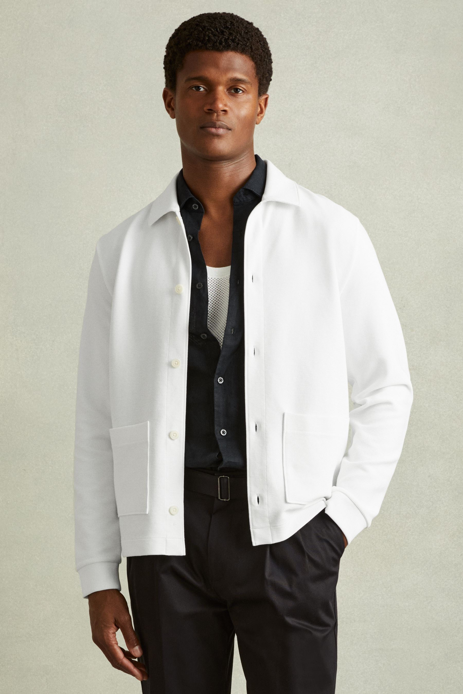 Reiss Off White Ribbed Cotton Blend Knitted Overshirt In Off White