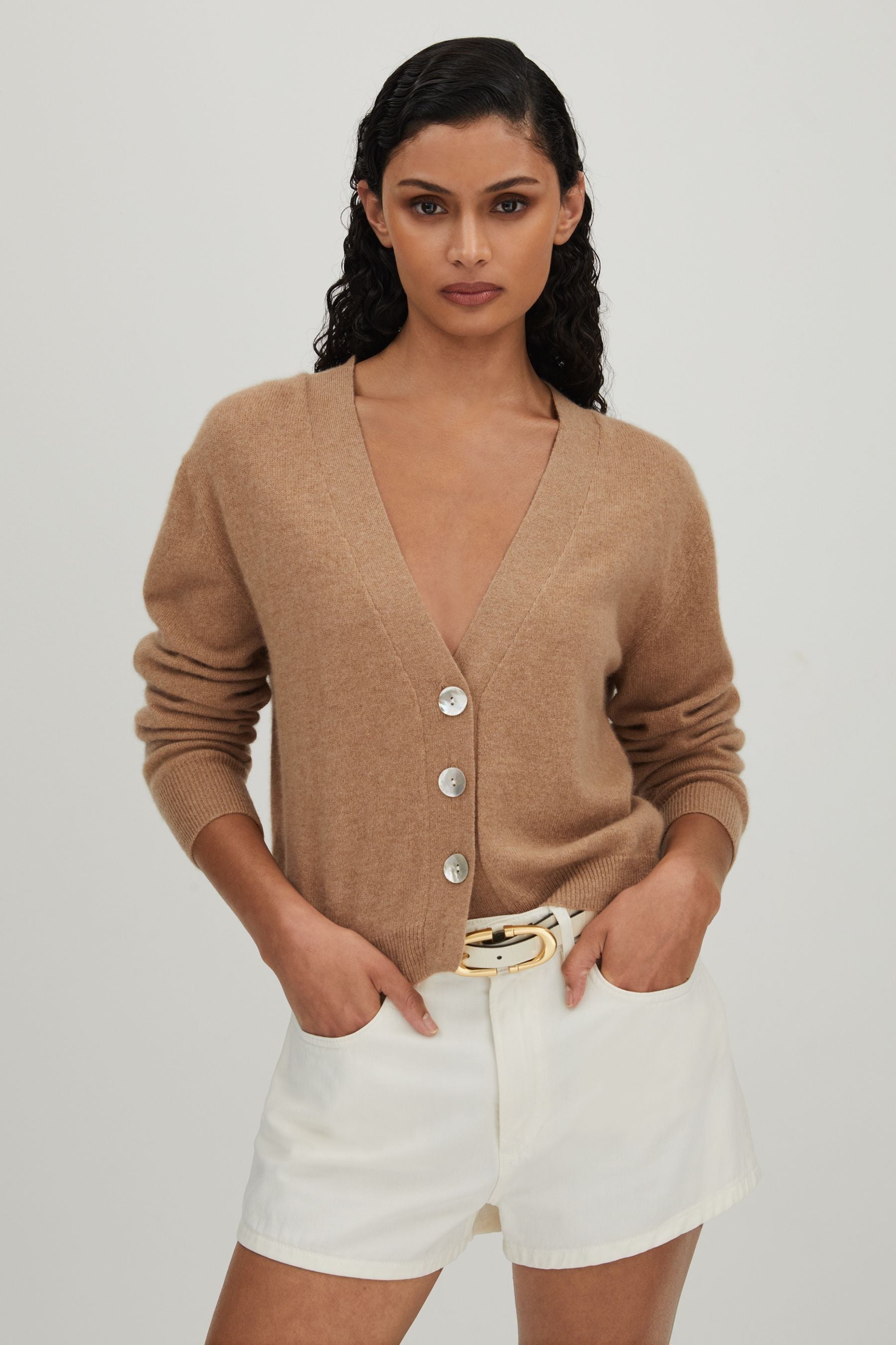 Crush Collection Cashmere Cardigan In Soft Camel