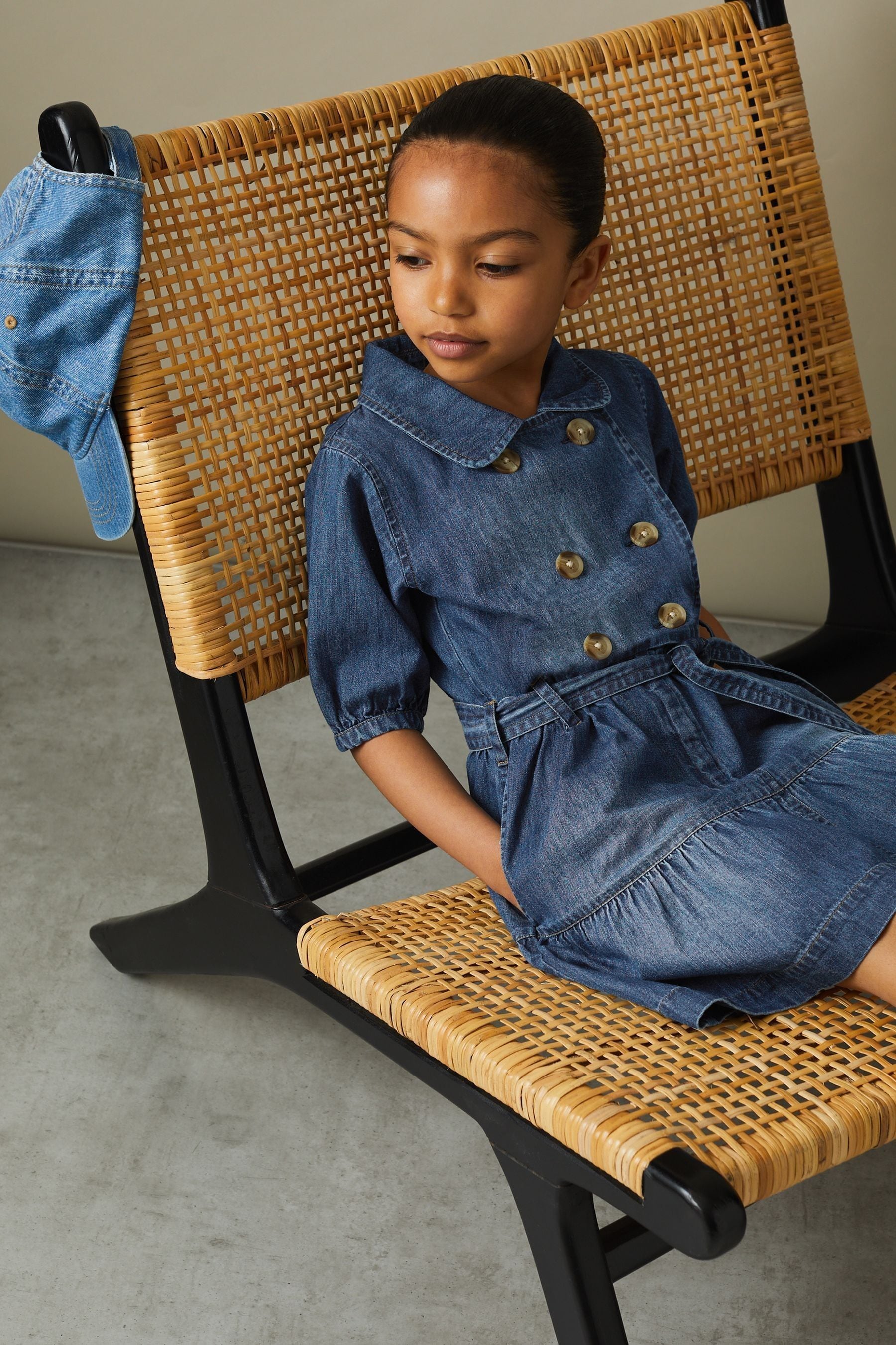 Reiss Marina - Blue Senior Denim Puff Sleeve Belted Dress, Uk 9-10 Yrs