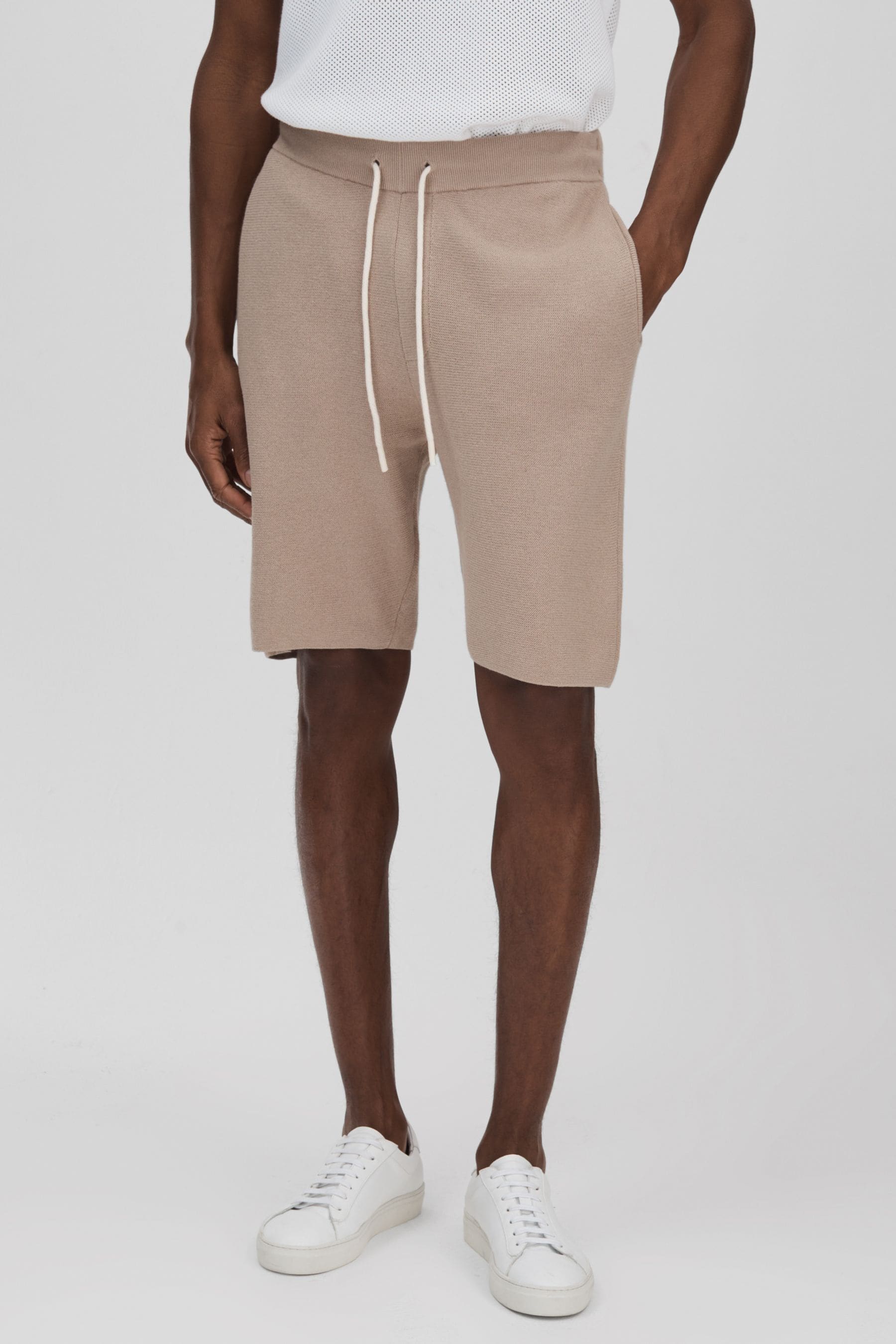 Shop Paige Cotton-linen Drawstring Knitted Shorts In Mocha