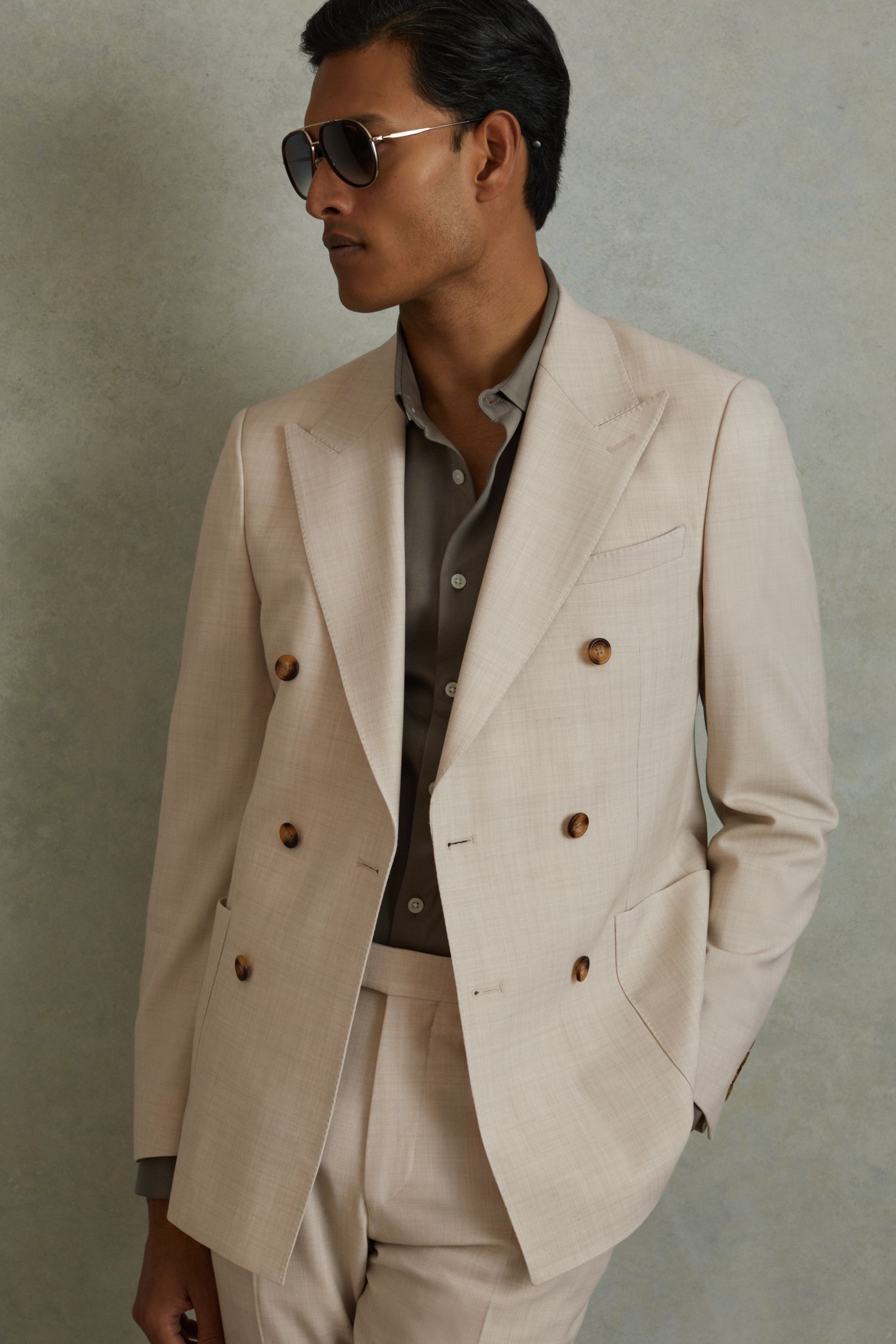 Reiss Stone Belmont Double-Breasted Textured Blazer With Wool, 42