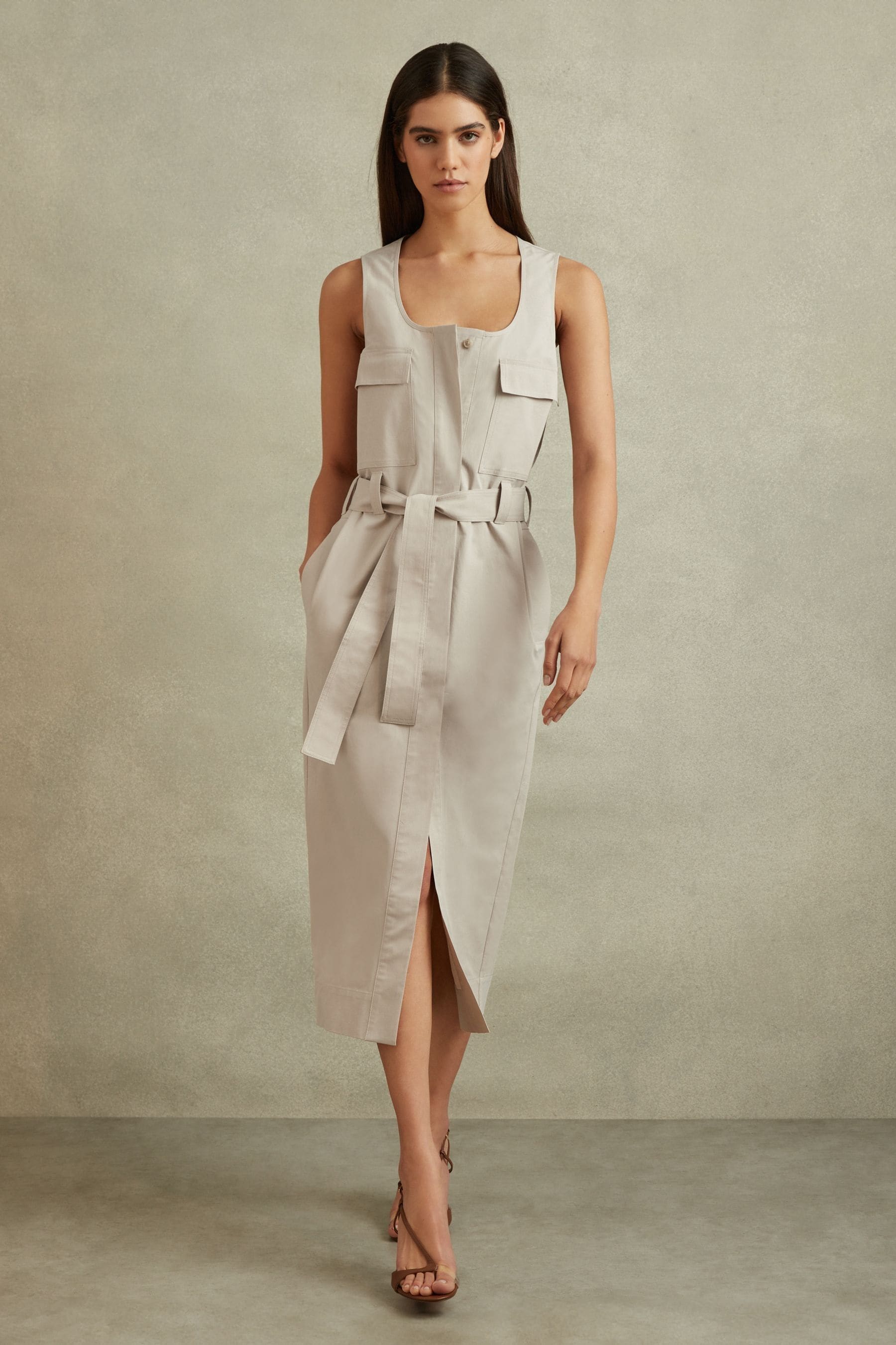 Reiss Stone Utility Belted Midi Dress In Stone