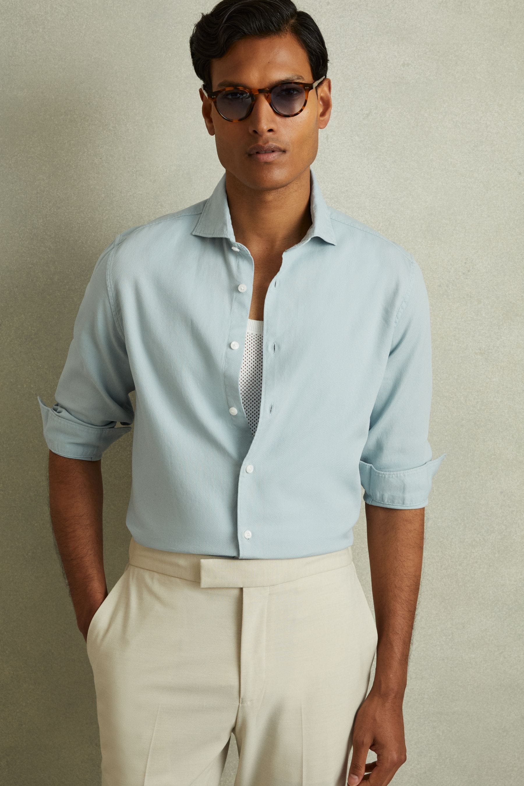 Reiss Soft Blue Textured Garment Dyed Button-through Shirt In Soft Blue