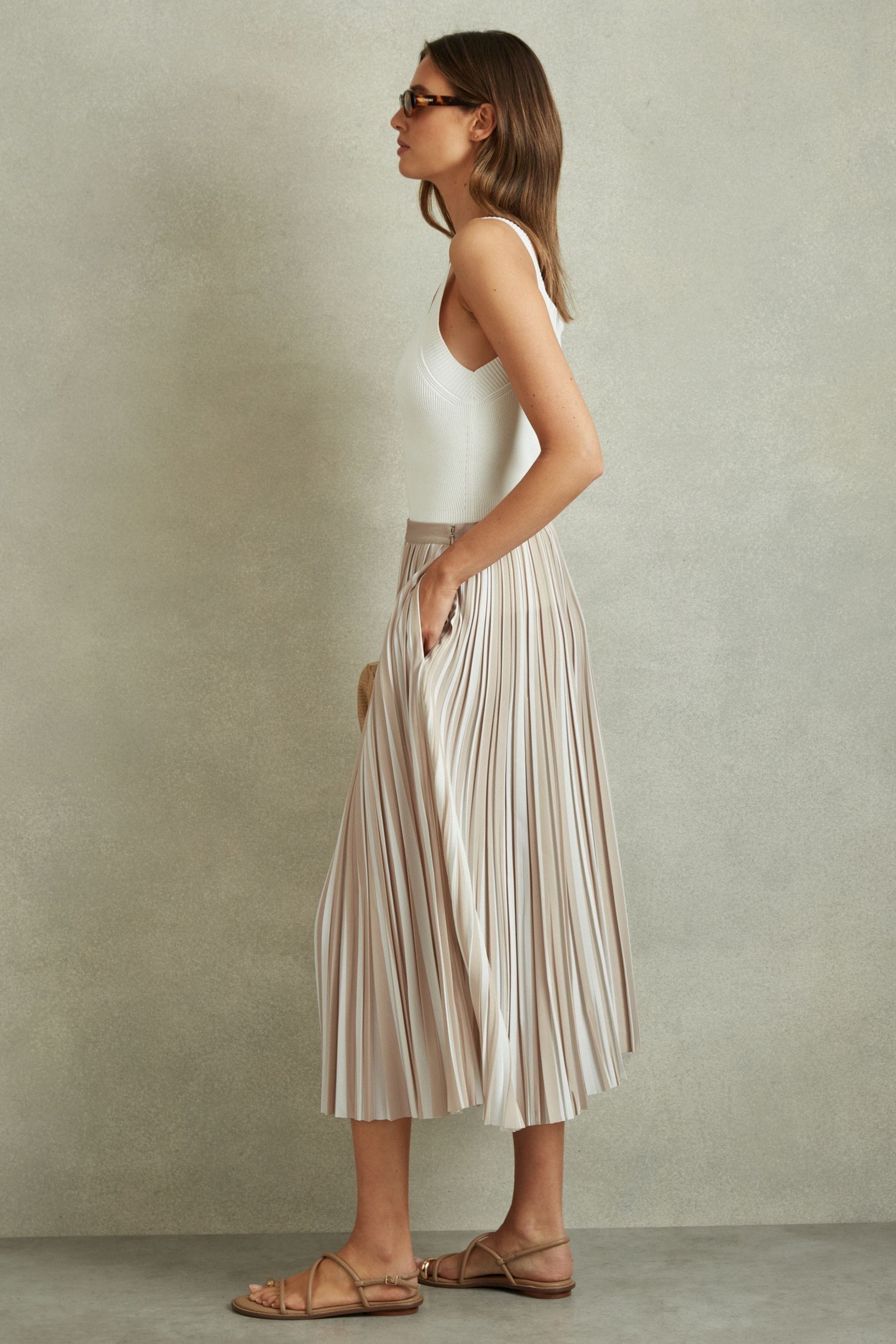 Shop Reiss Lexie - Neutral Striped Pleated Midi Skirt, Us 12