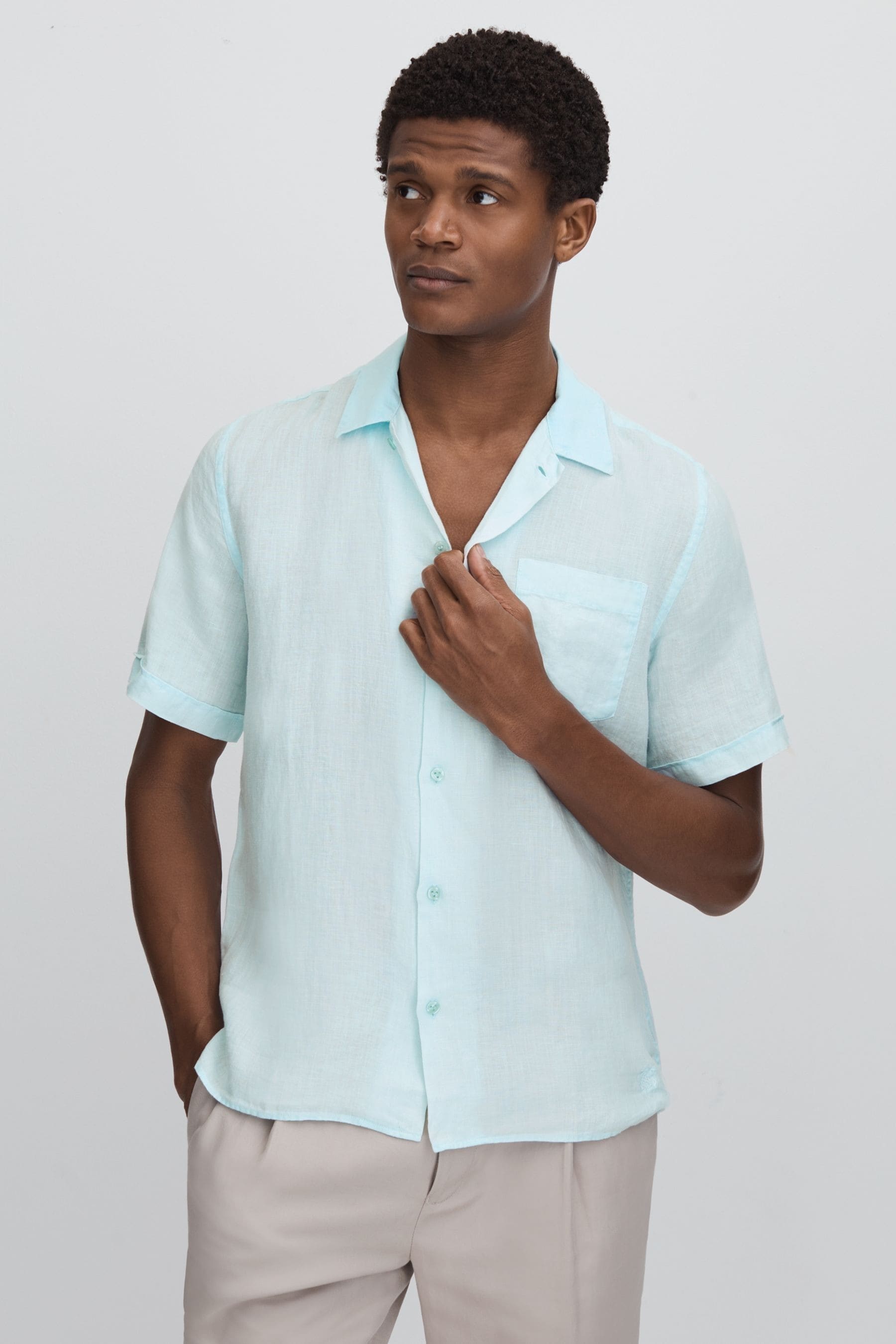 Vilebrequin Linen Solid Classic Fit Shirt In Thalassa Blue Print