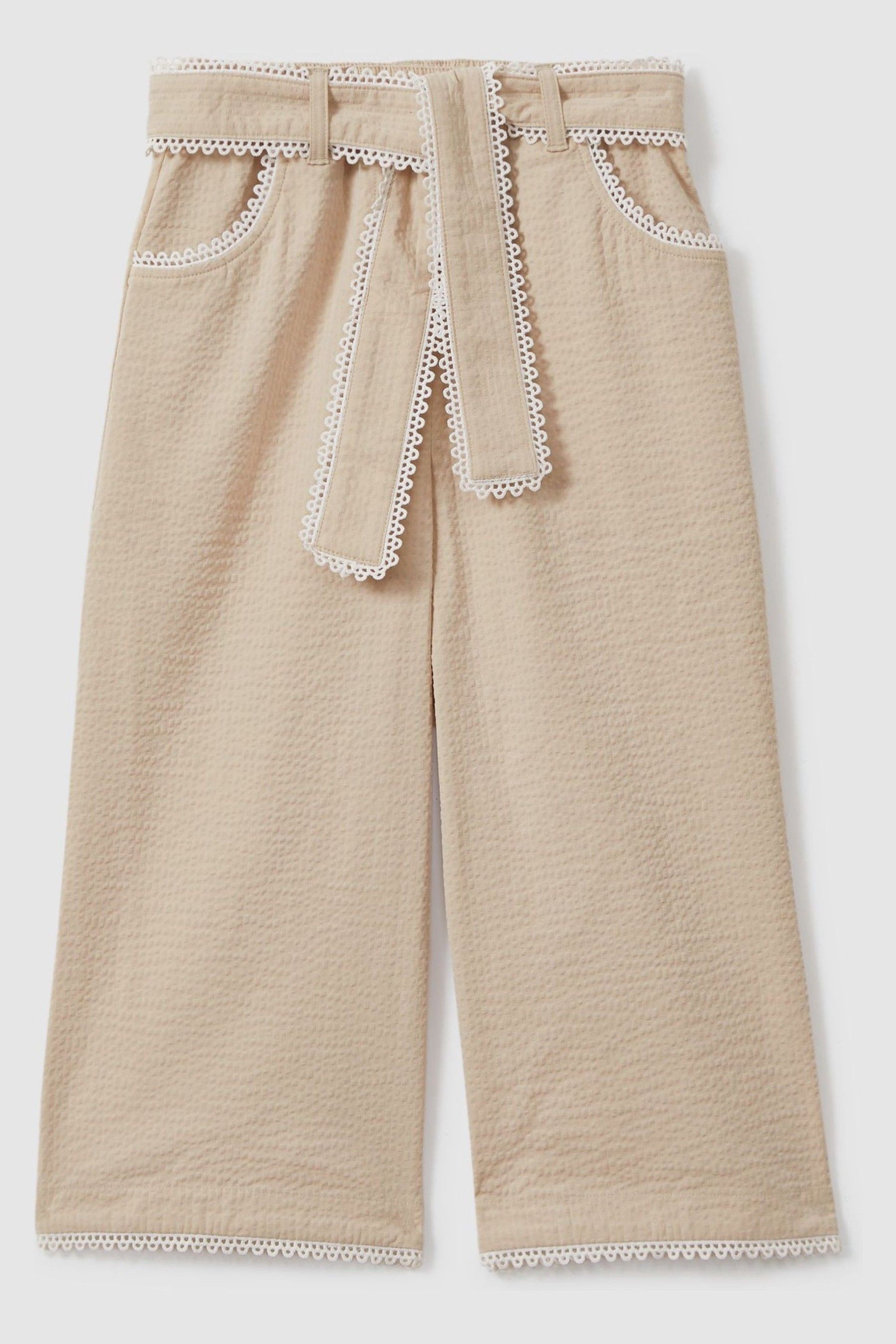 Reiss Emilie - Cream Emilie Teen Textured Lace Trim Trousers In Cream