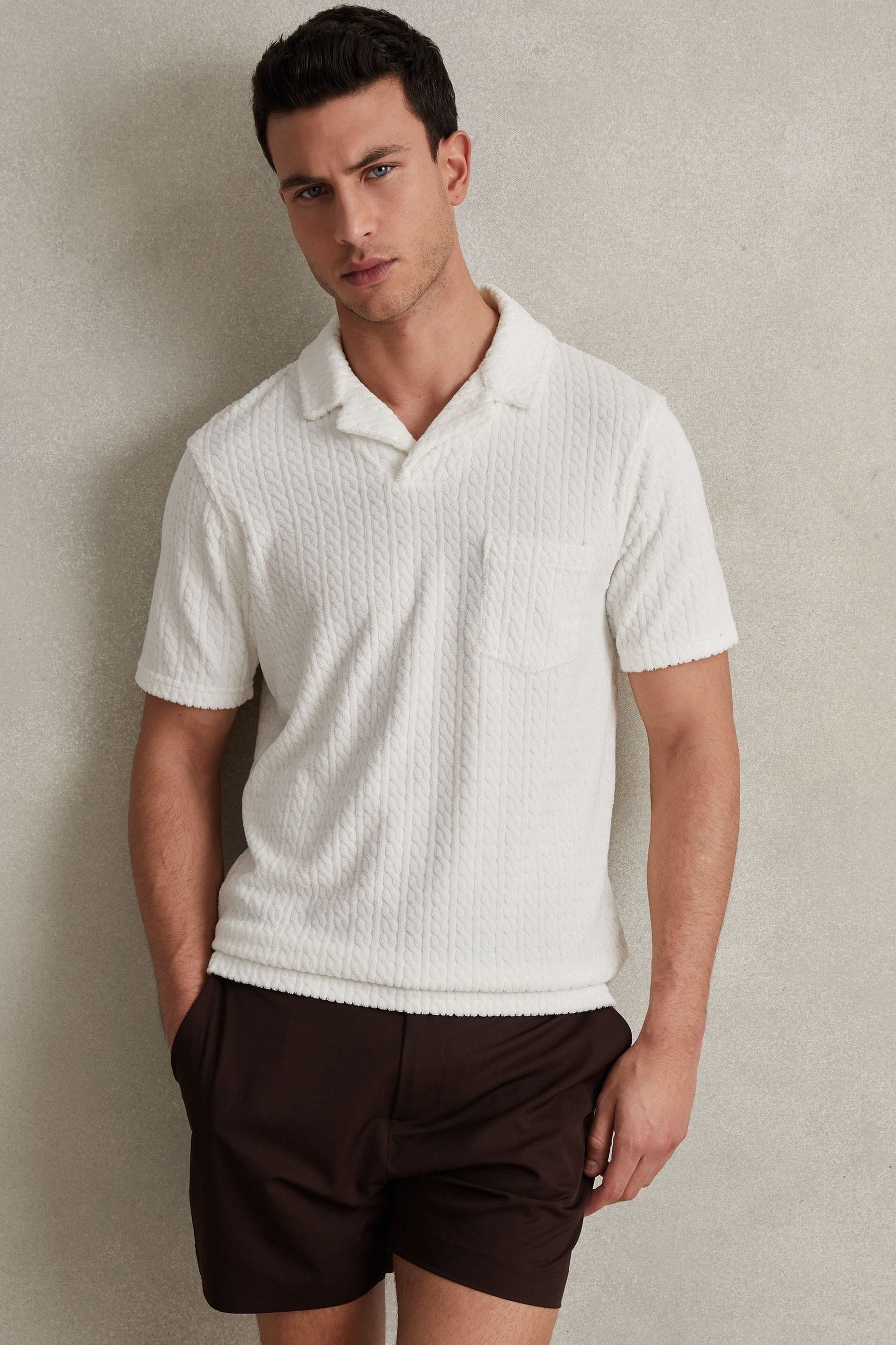 Shop Reiss Cuba - White Towelling Cable Knit Polo Shirt, Xl