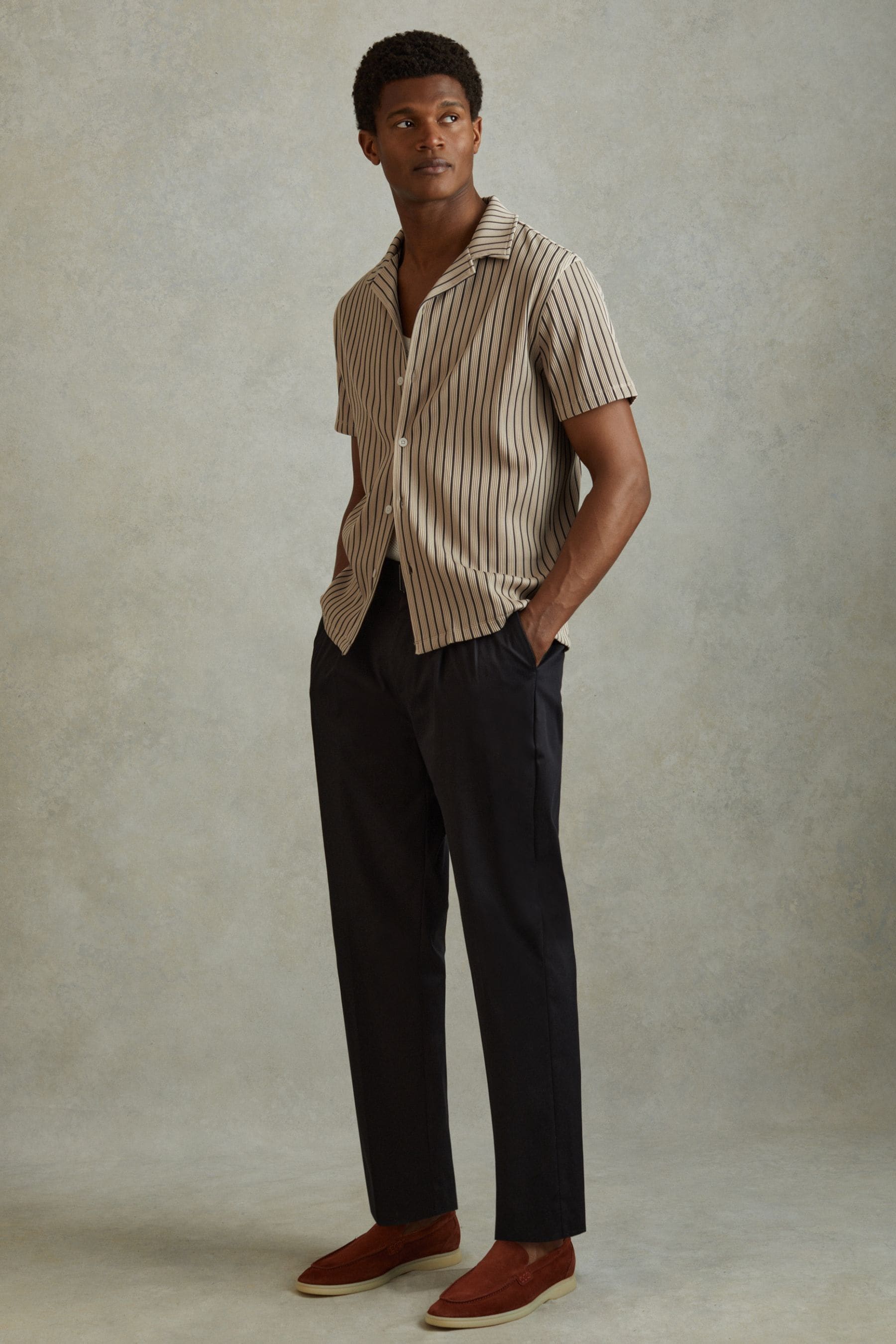 Reiss Sand/navy Neptune Ribbed Striped Cuban Collar Shirt In Sand/navy