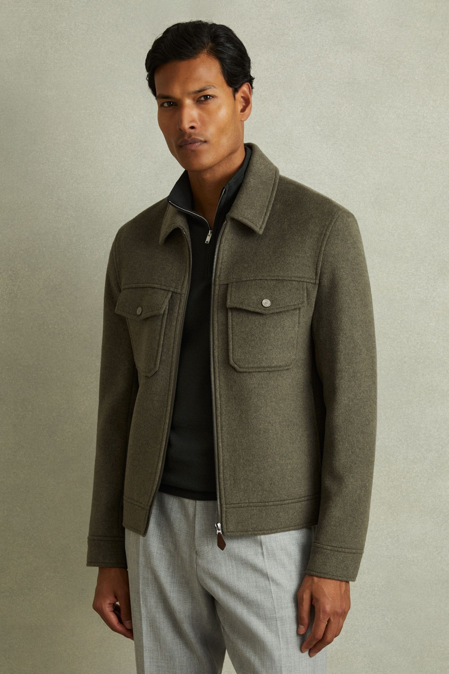 Reiss Green Smoke Zip-Through Trucker Jacket With Wool, Xxl