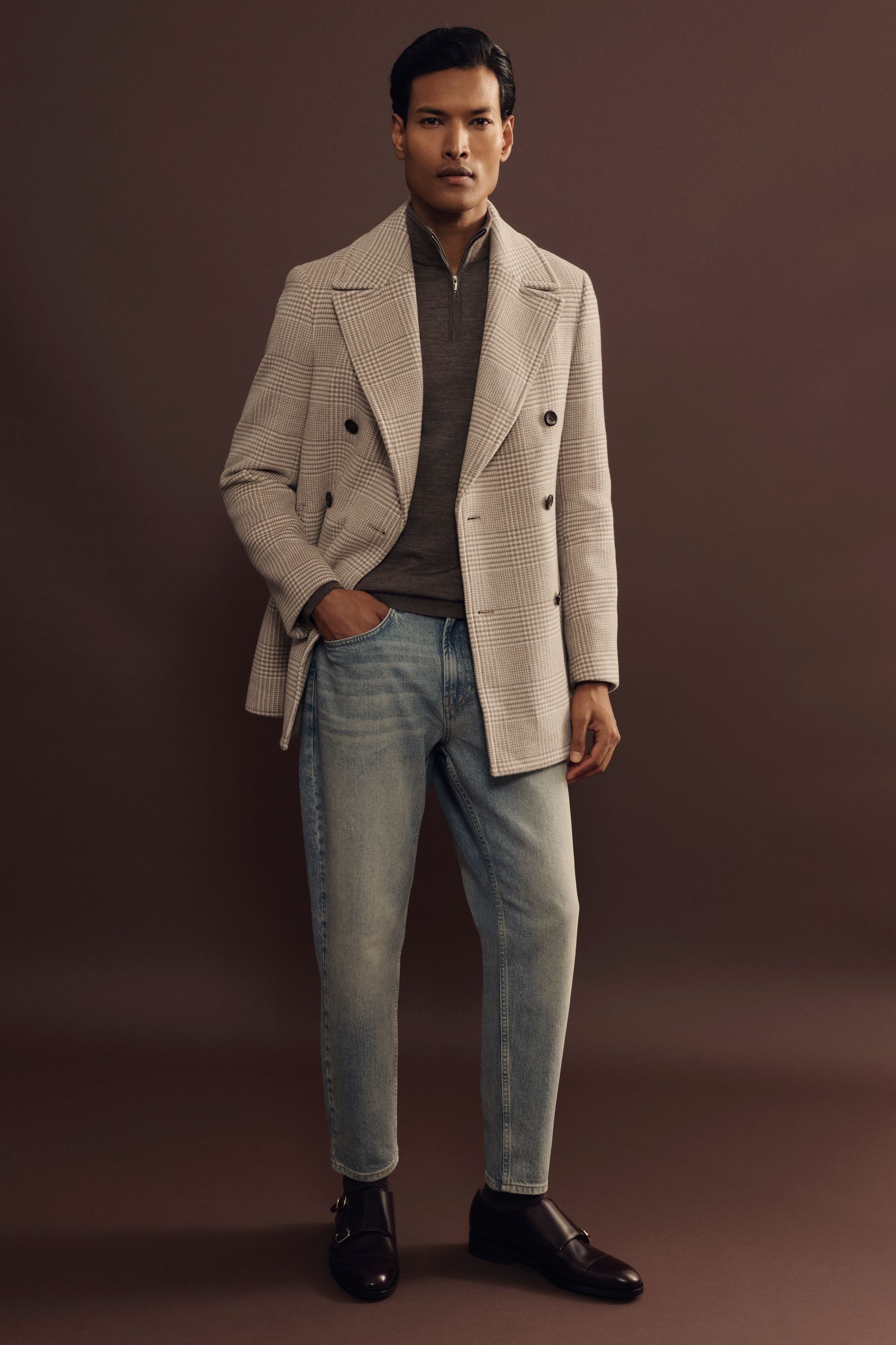 Reiss Oatmeal Check Wool Blend Double Breasted Peacoat In Oatmeal Check