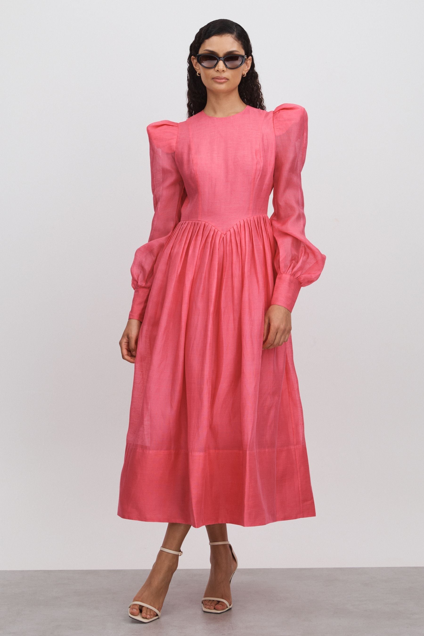Leo Silk-Linen Bishop Sleeve Midi Dress, Watermelon, 6