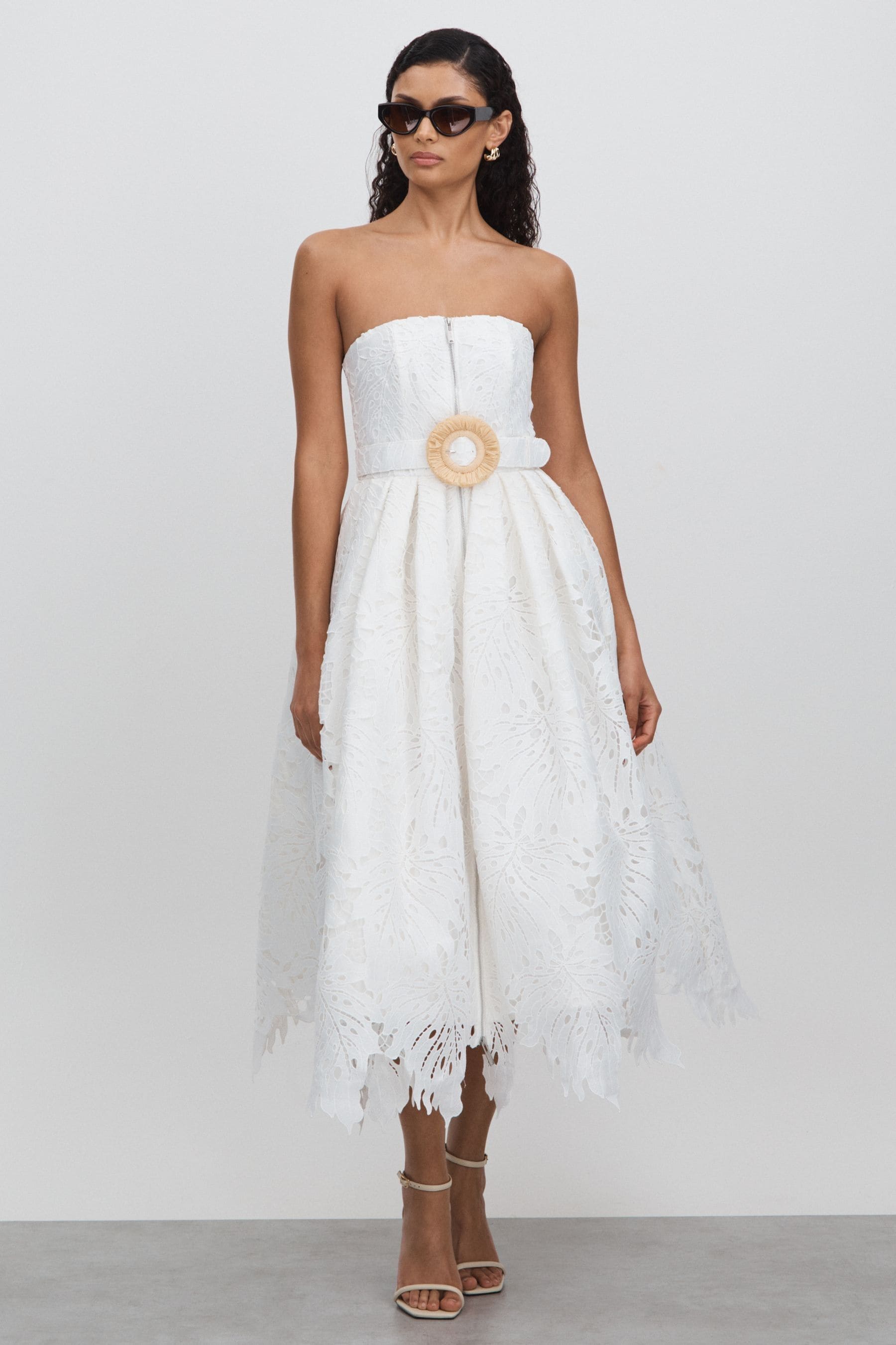 Leo Strapless Lace Belted Midi Dress, Snow White, 10